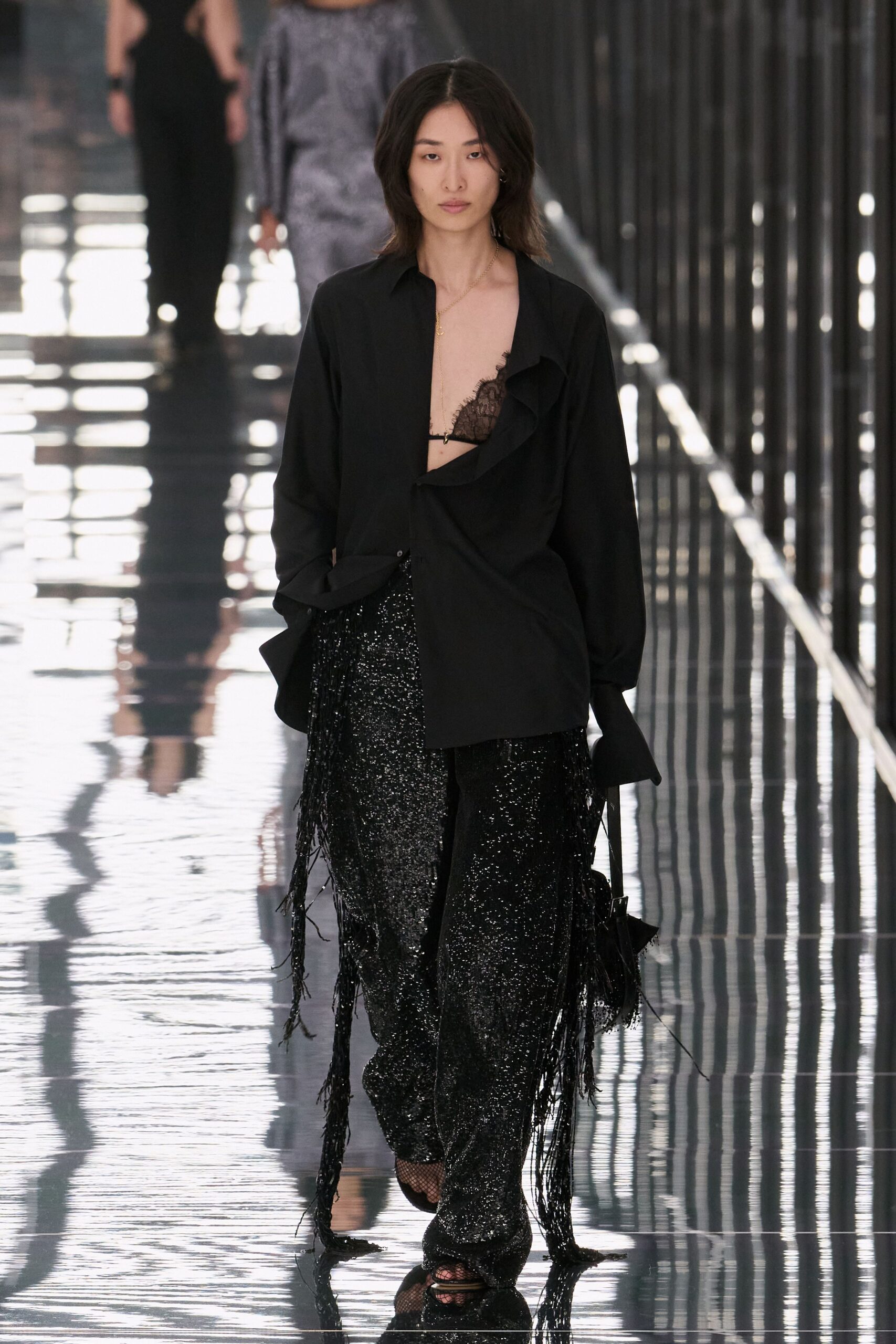 ruffled black open-front shirt