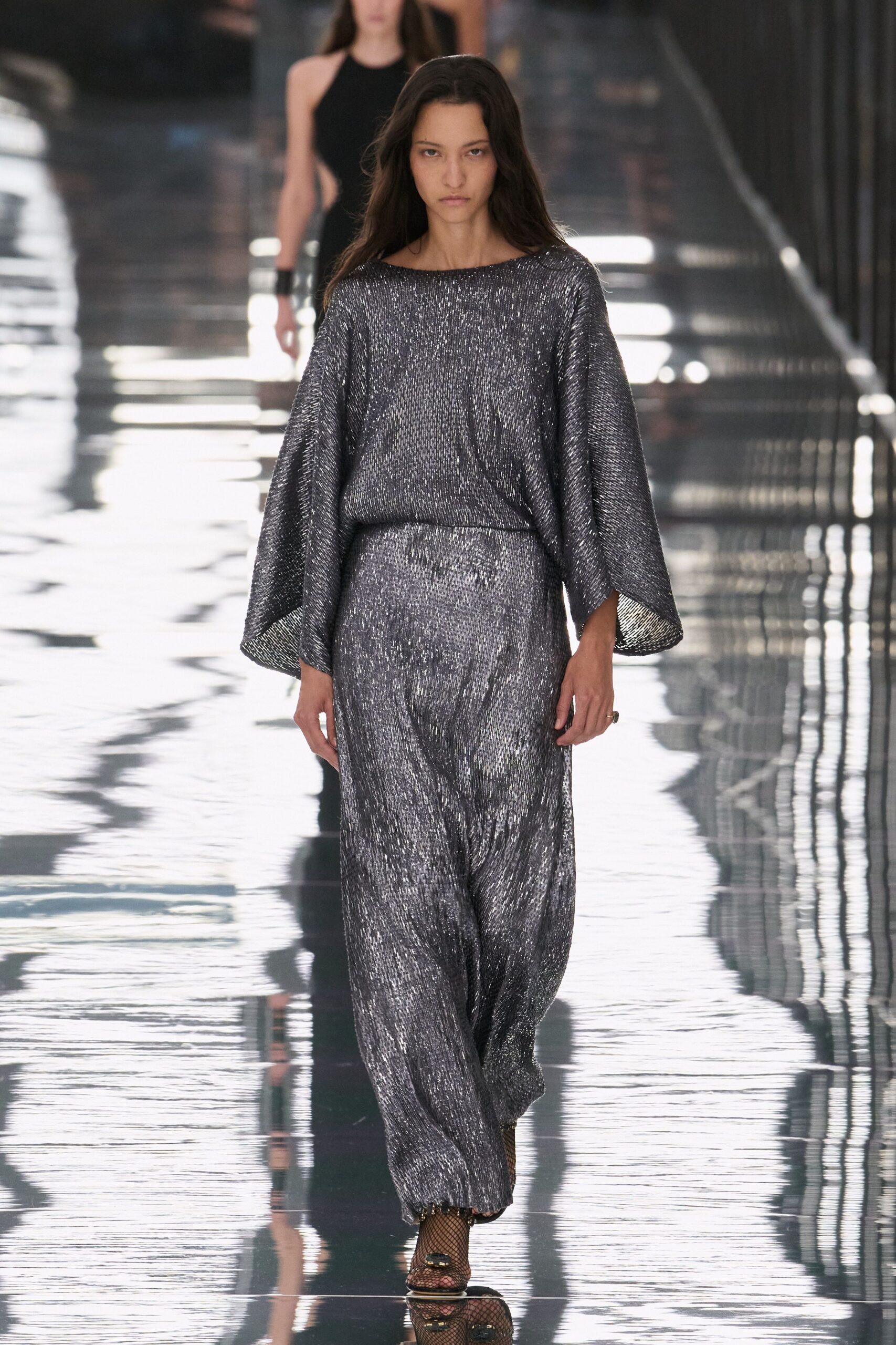 silver metallic batwing top