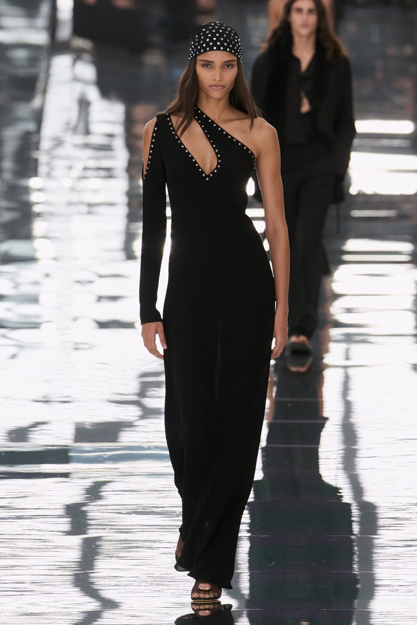 one-sleeve embellished black jumpsuit