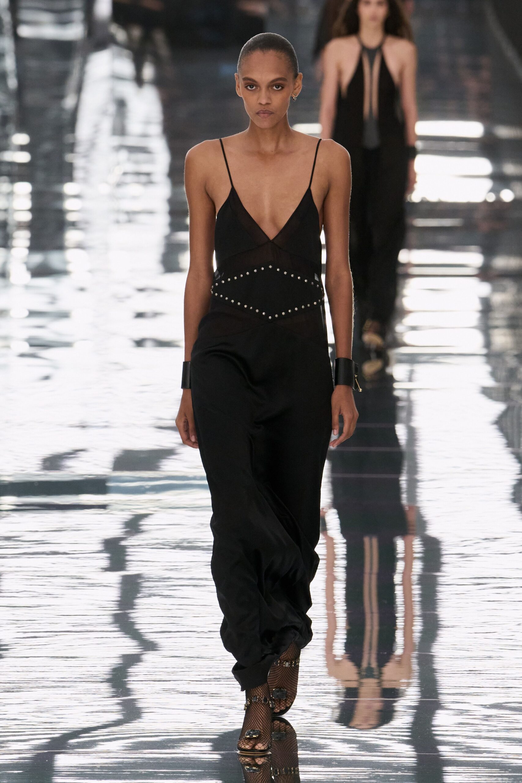 sheer-panel black satin jumpsuit