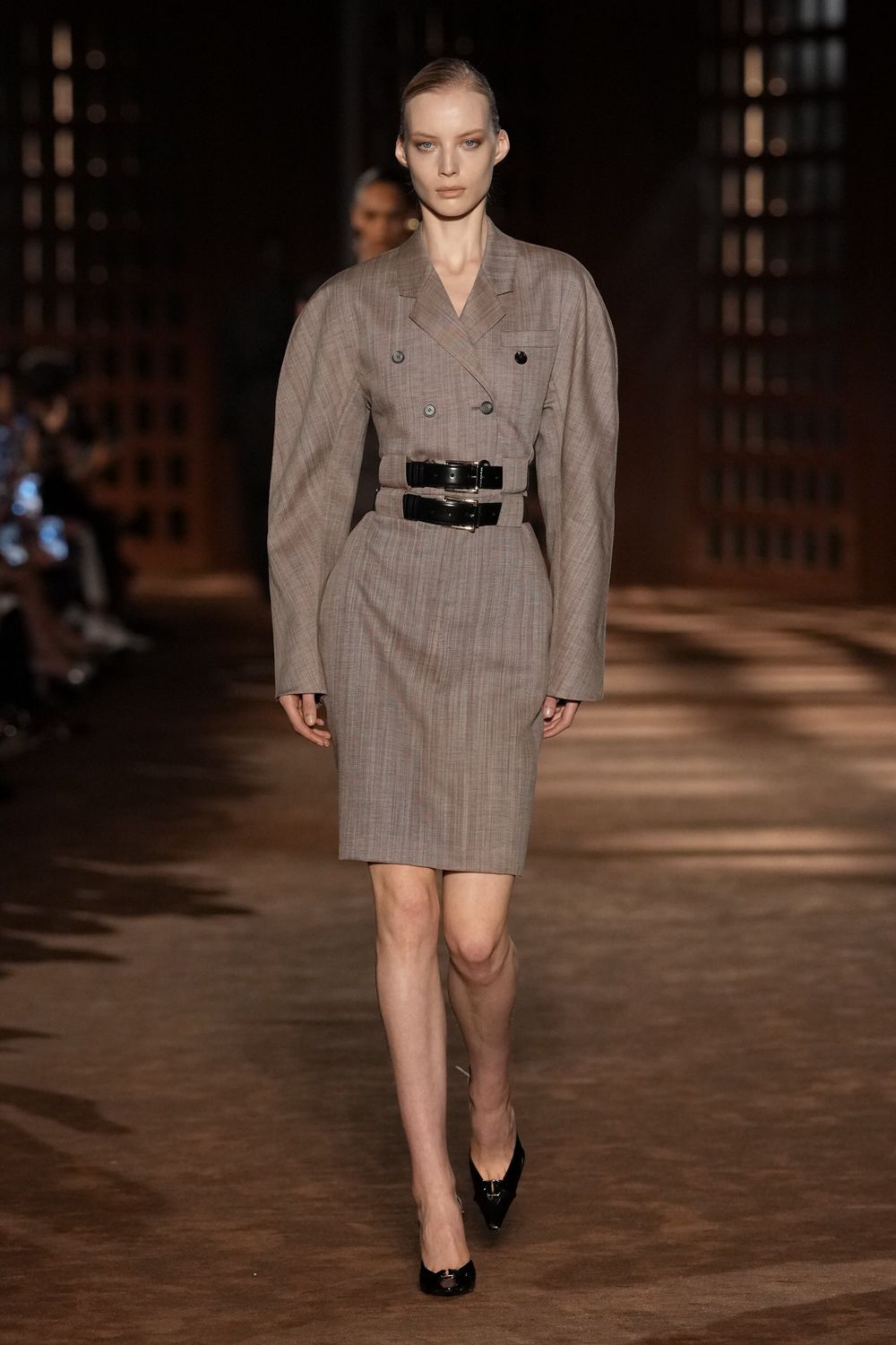 beige belted blazer dress