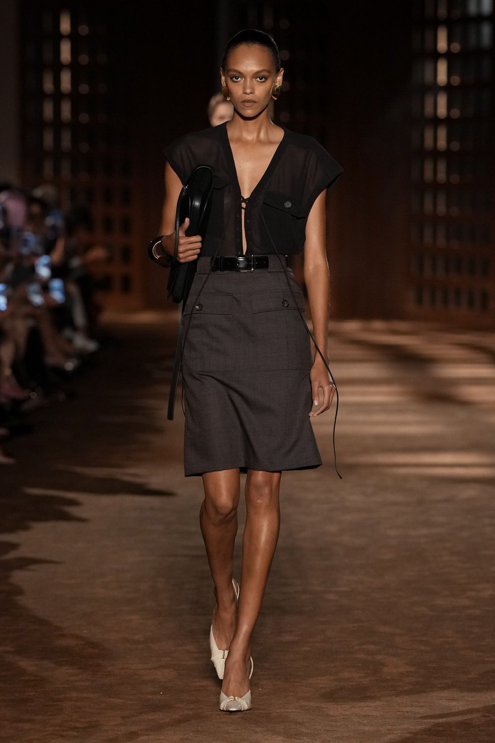 black chiffon short-sleeve v-neck sheer flowing cropped blouse