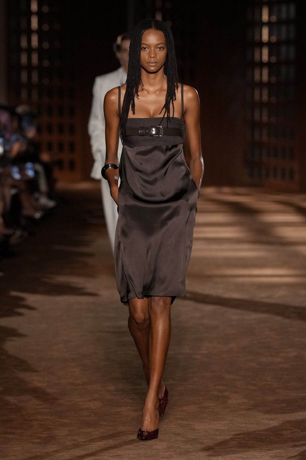 belted satin slip midi dress