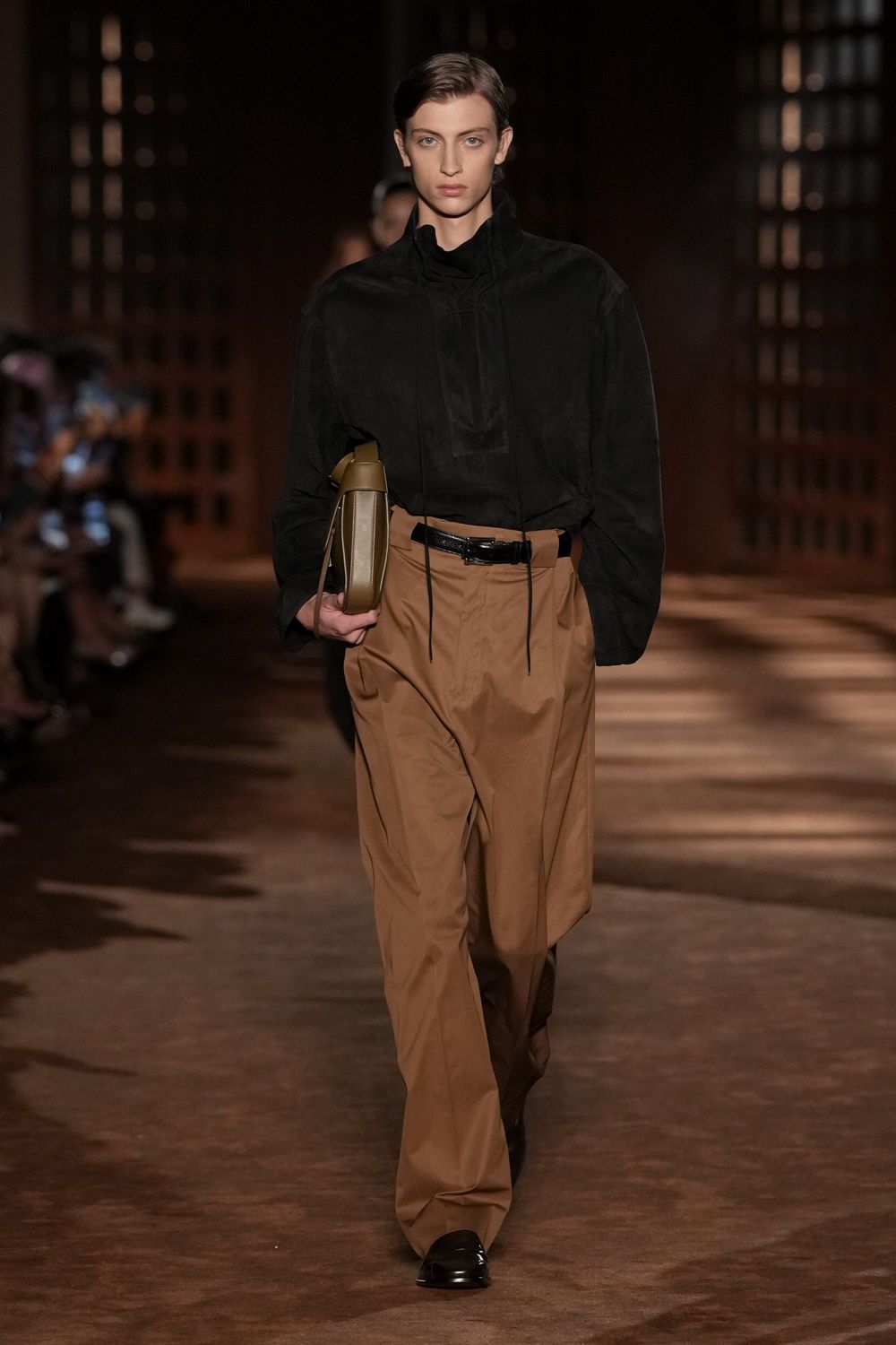 high-waisted wide-leg brown trousers