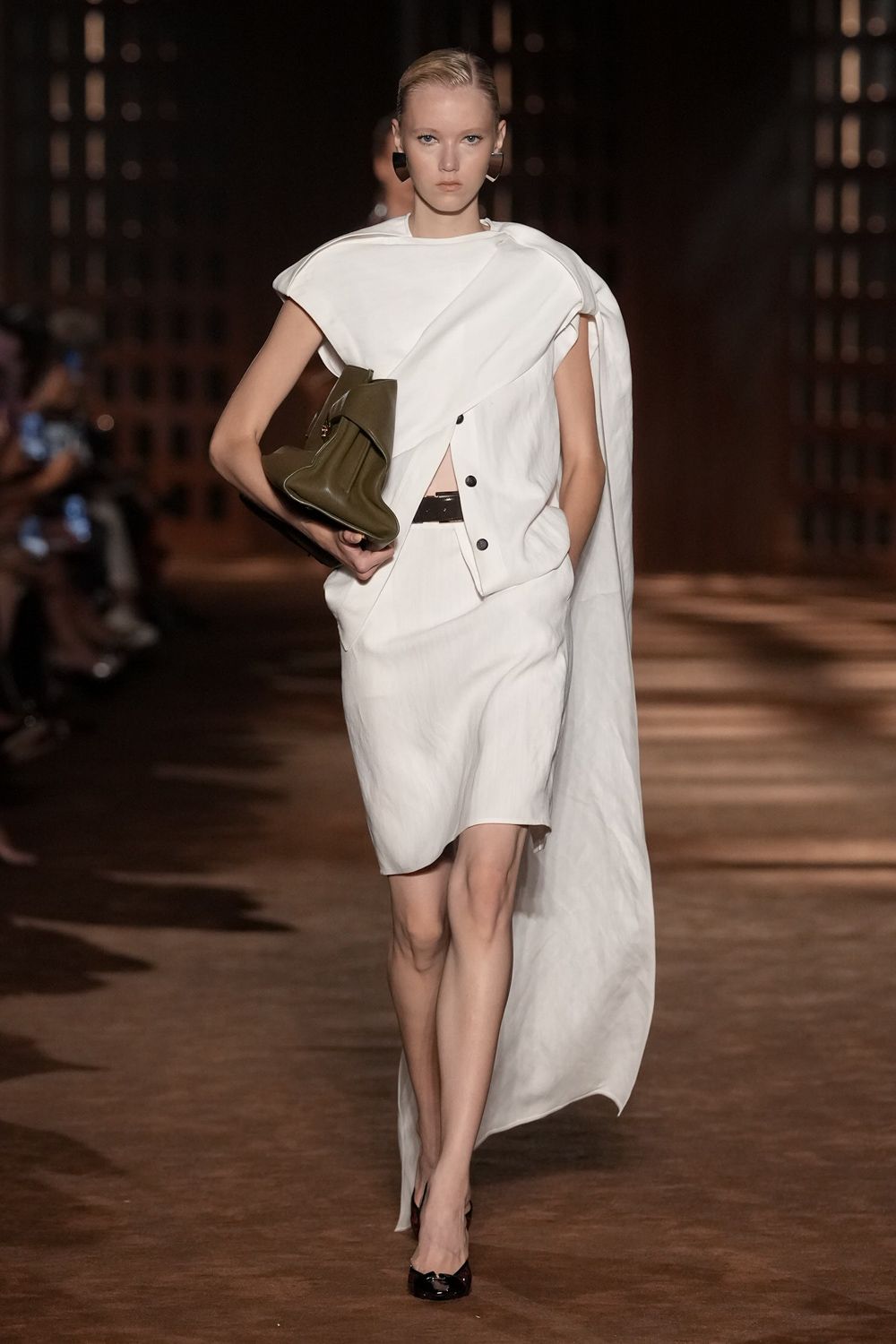 asymmetric white draped midi dress