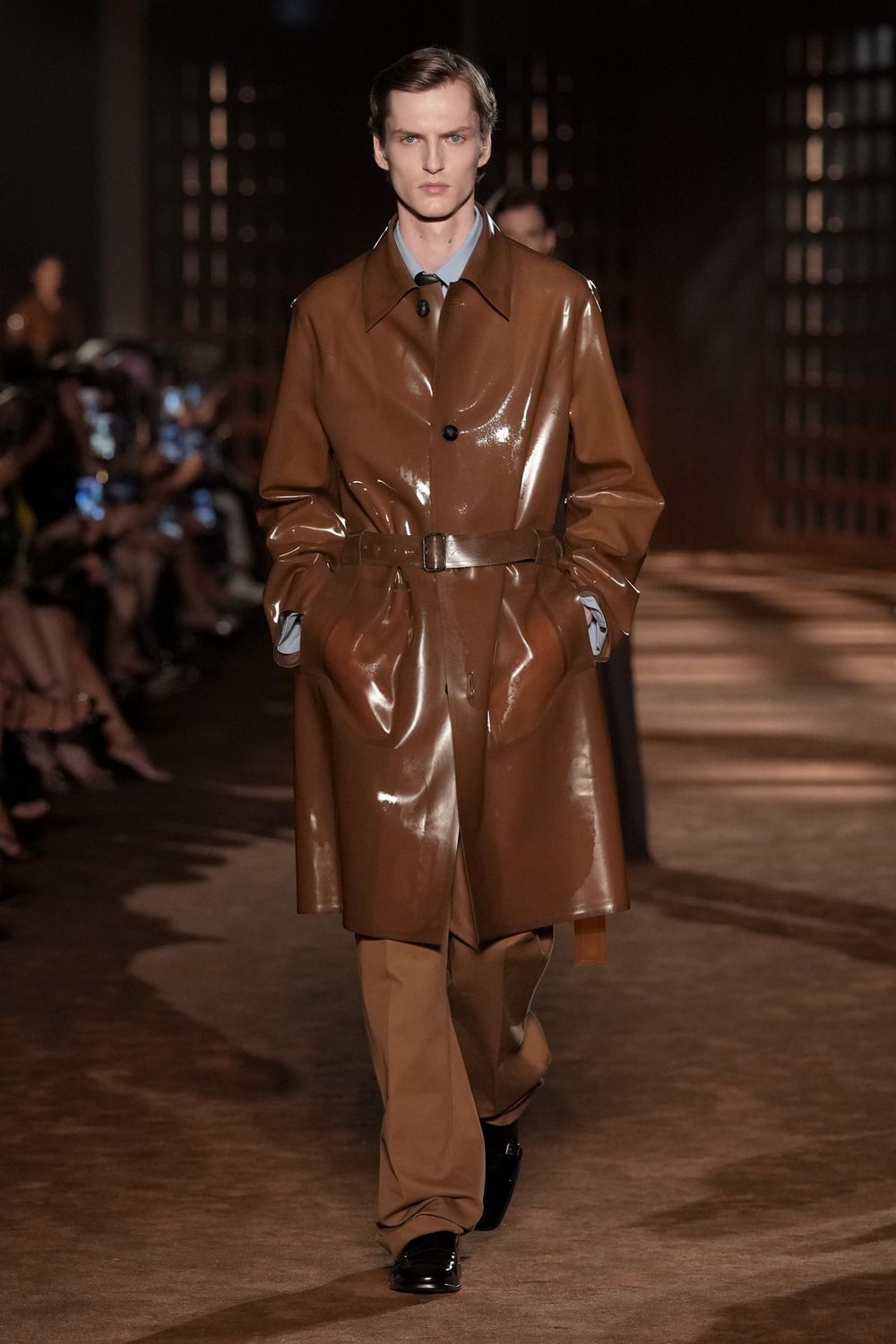 brown vinyl long-sleeve collared relaxed belted buttoned coat