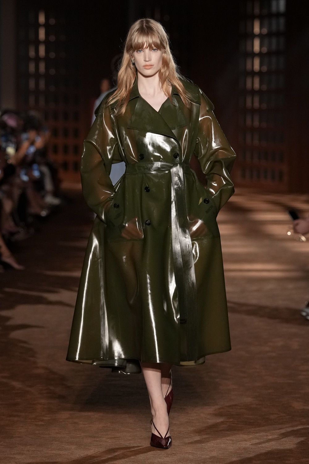 olive rubber belted trench coat