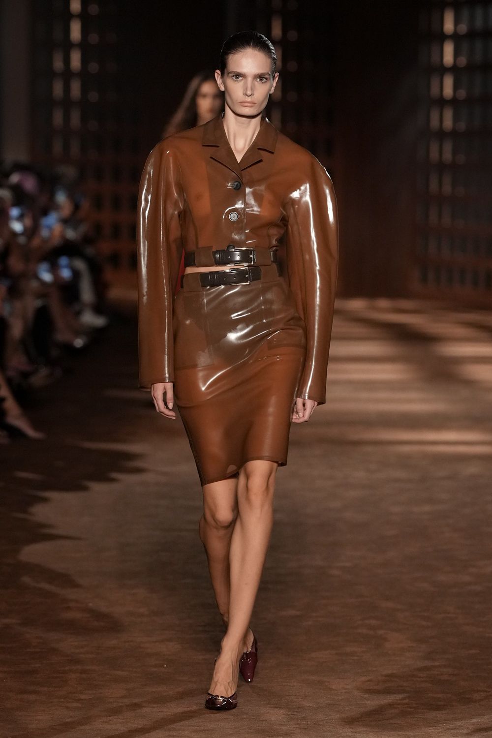 brown latex cutout waist dress