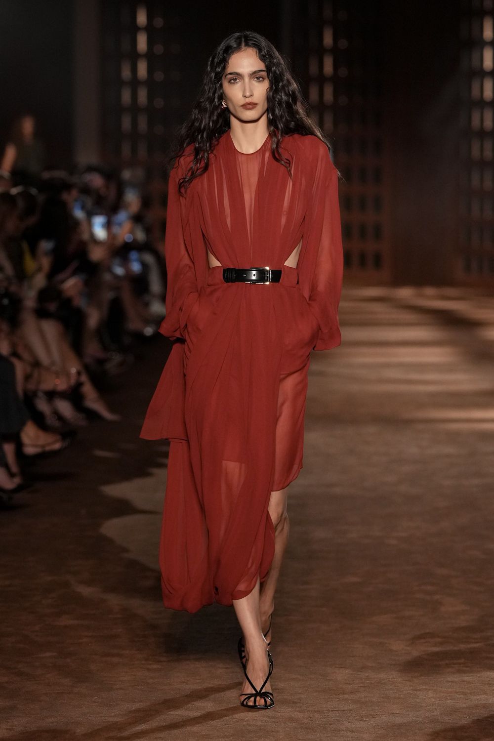 sheer cutout belted chiffon dress