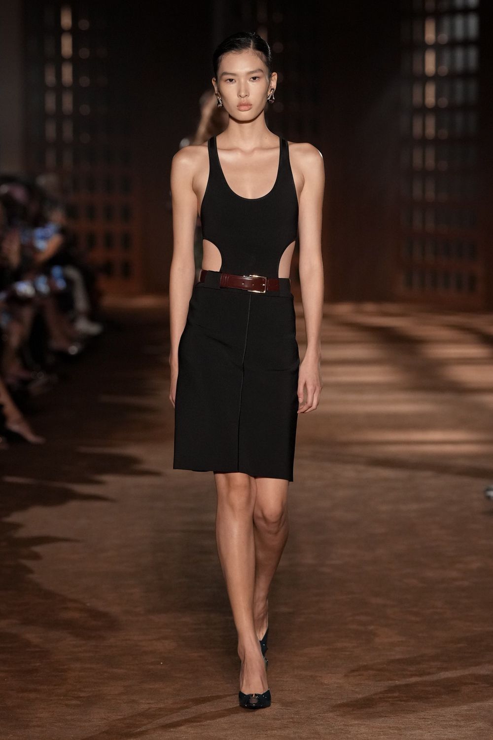 cutout black bodysuit with pencil skirt