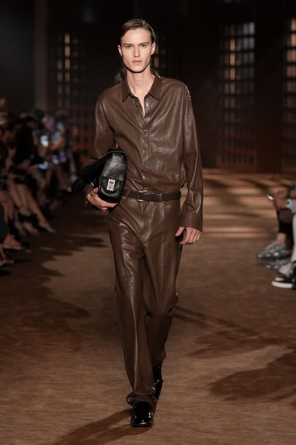 brown leather button-front shirt
