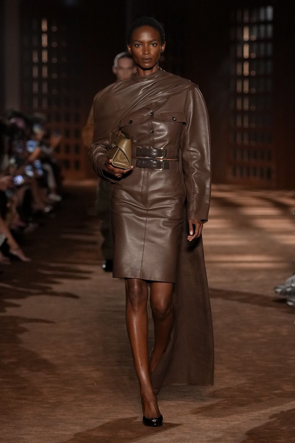 asymmetric draped leather midi dress