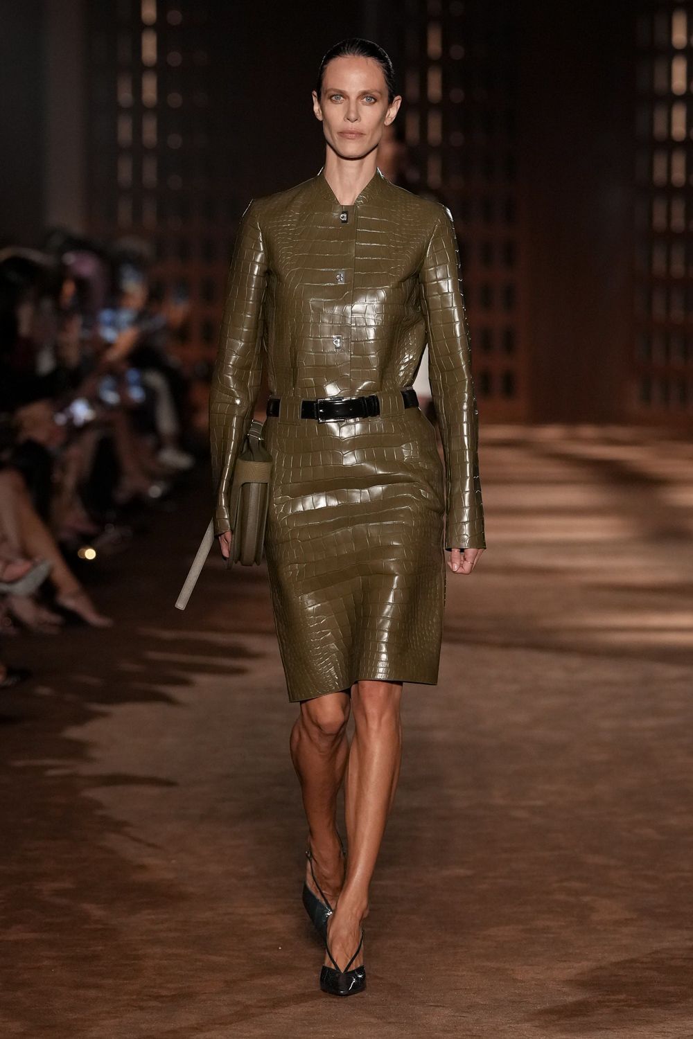 croc-effect leather belted midi dress