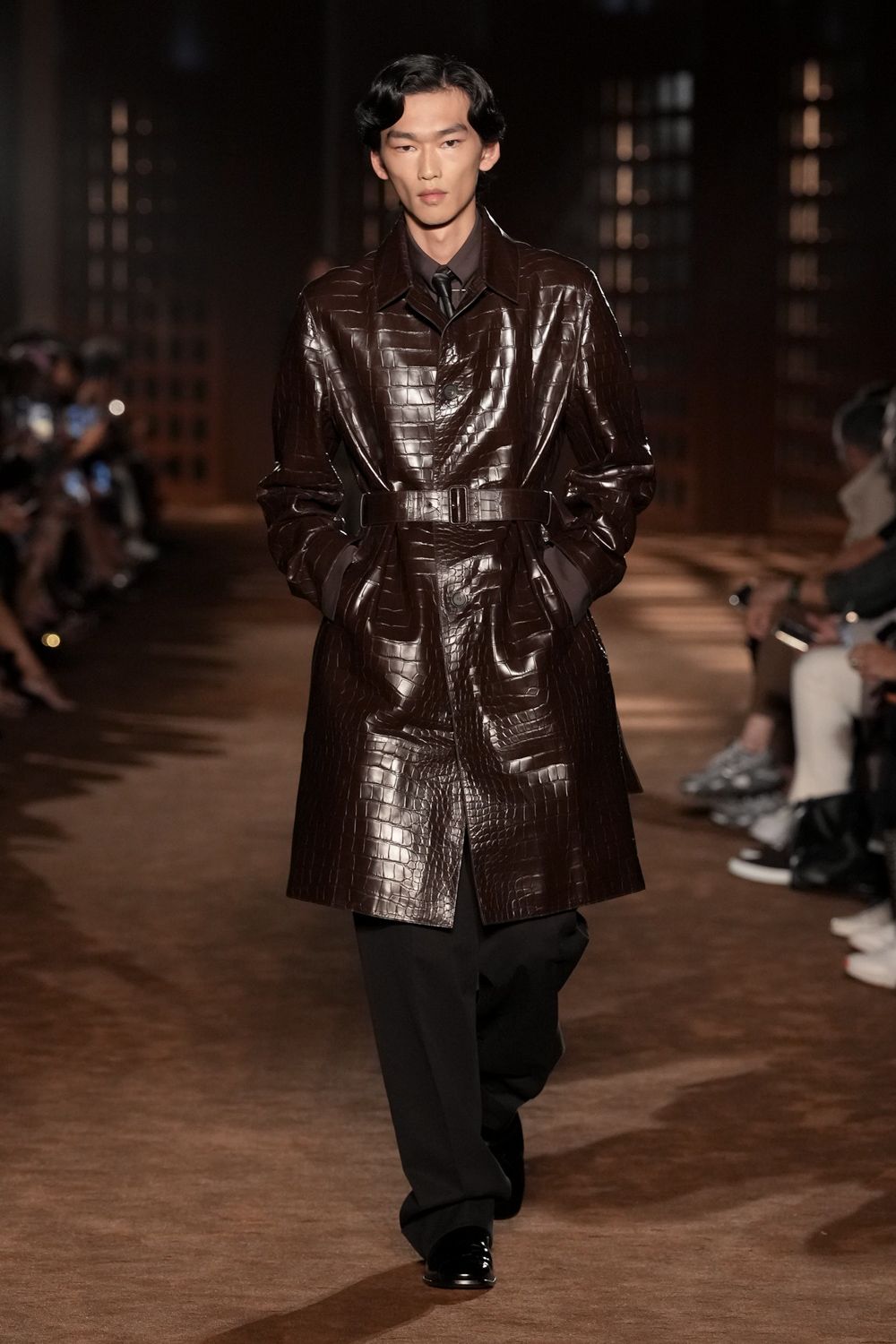 croc-embossed leather trench coat