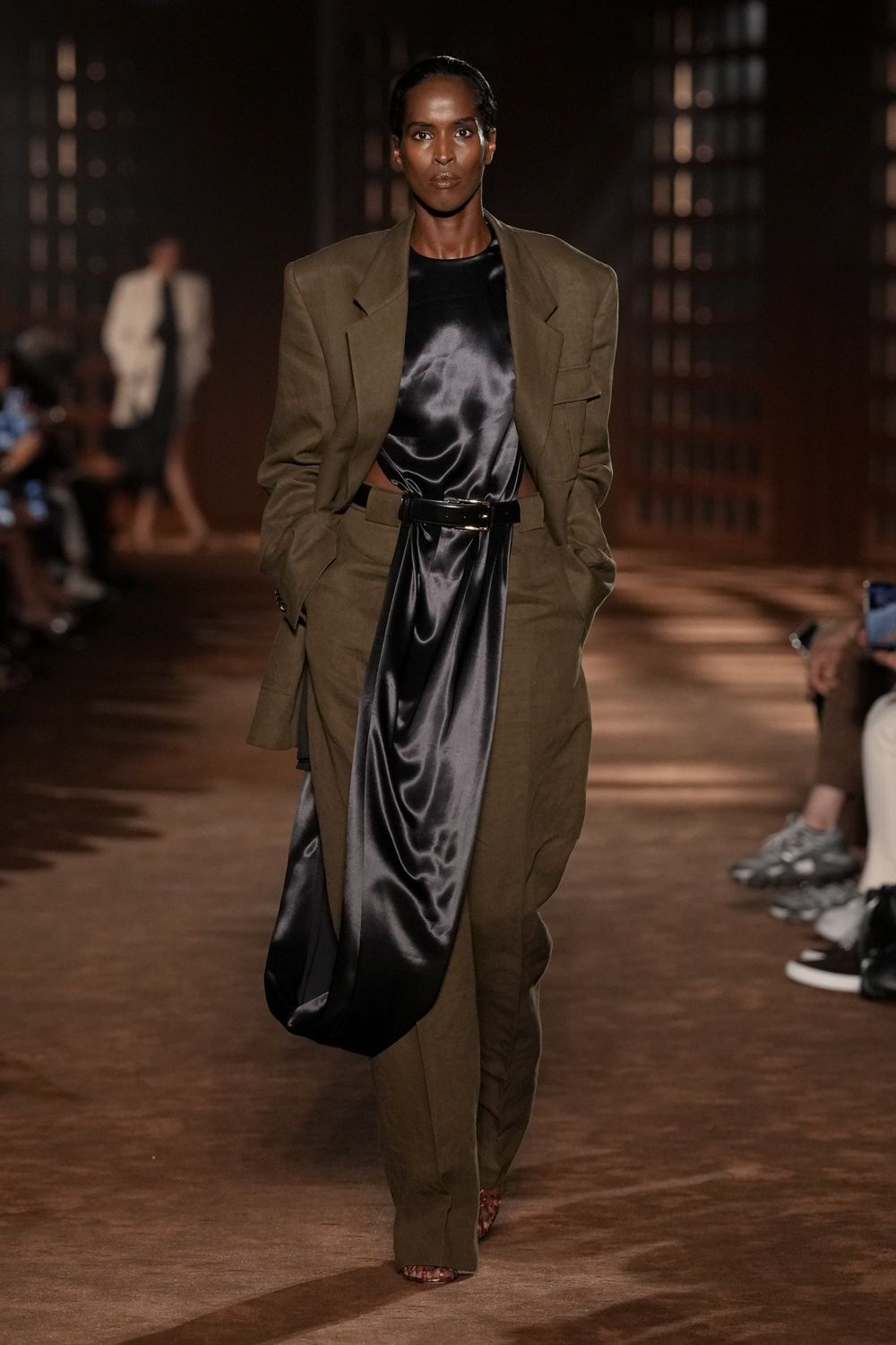 black satin cutout draped gown