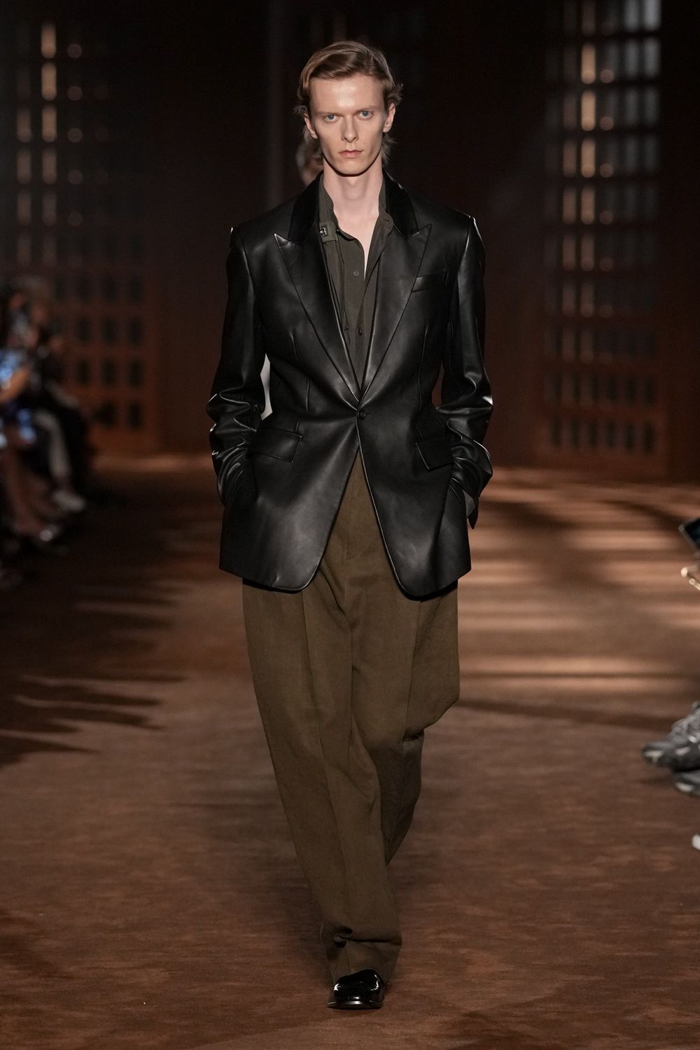 black leather peak-lapel blazer