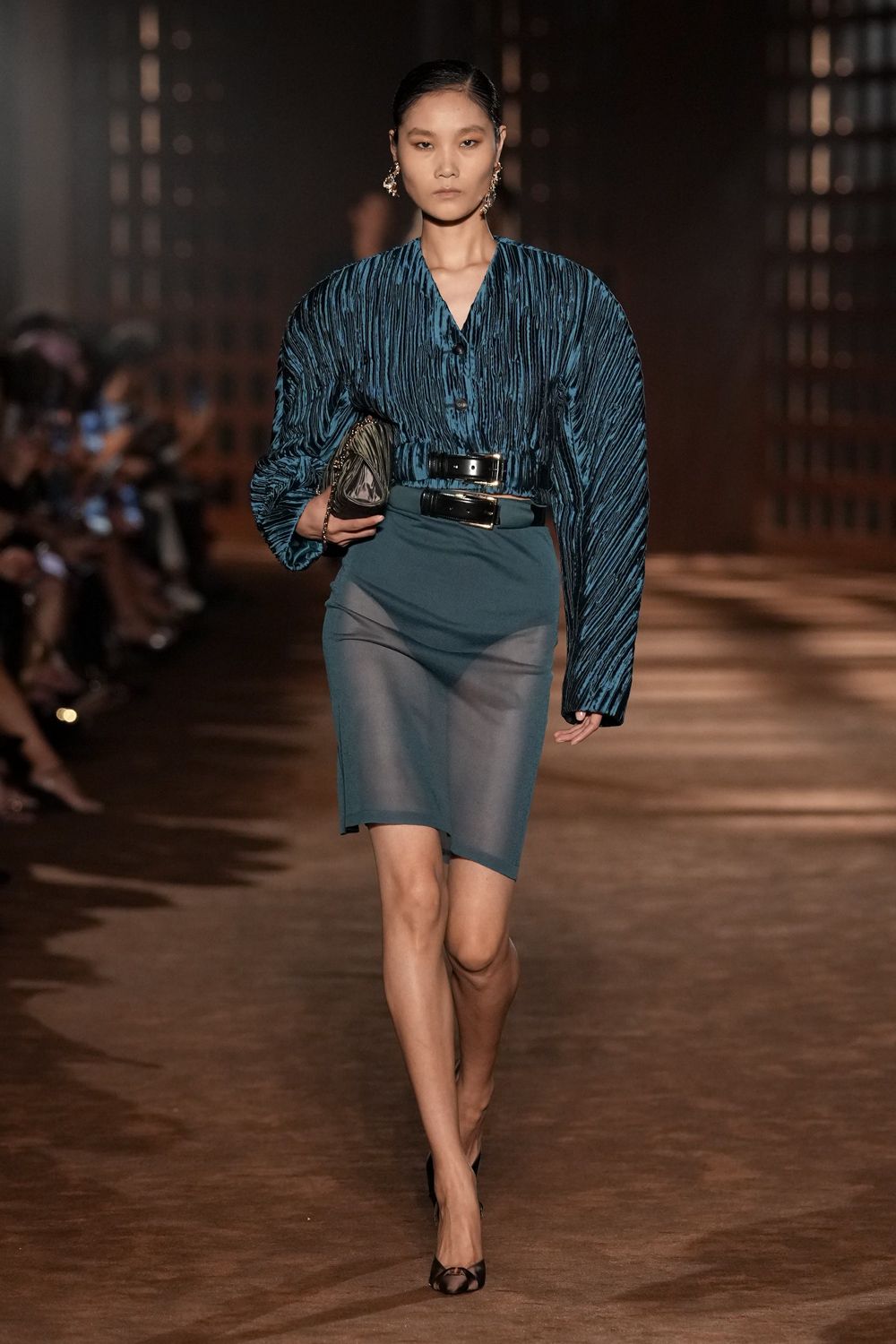 pleated blue blouse with sheer skirt