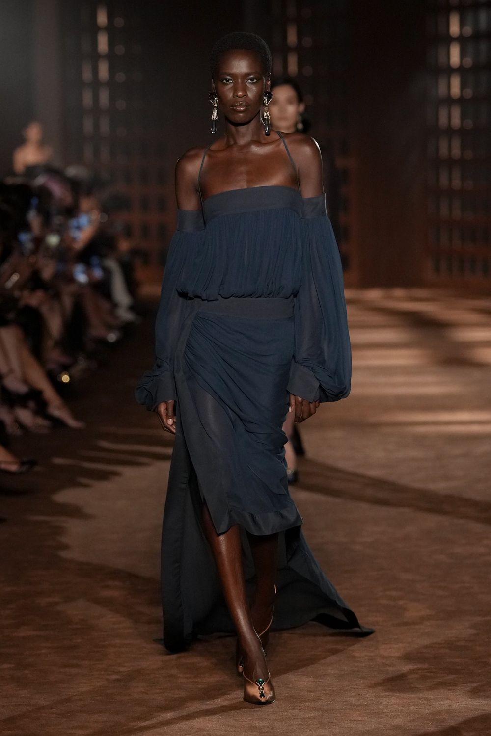 off-shoulder draped chiffon evening gown