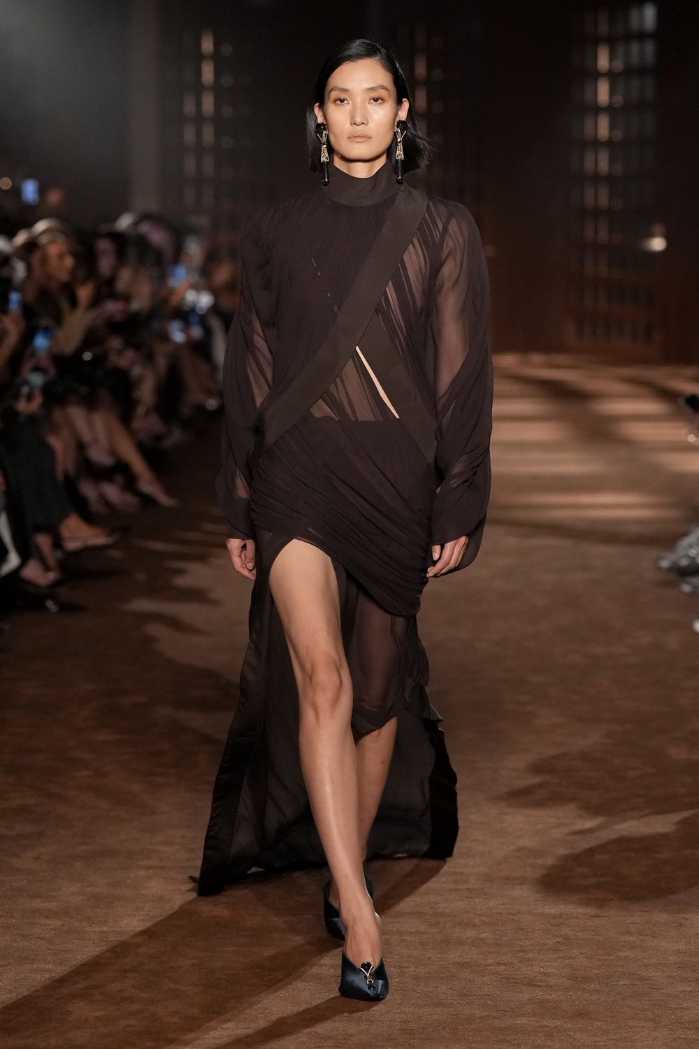 black draped sheer evening gown