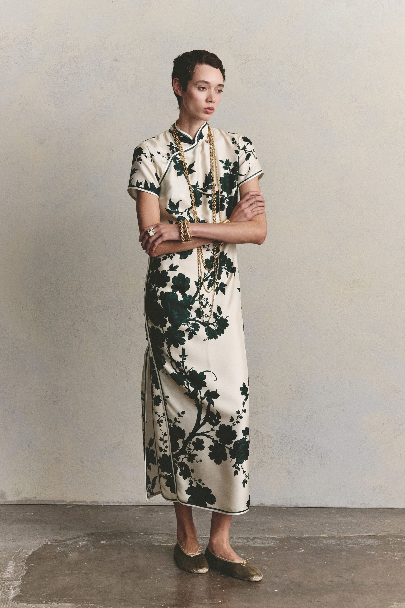 floral cheongsam-inspired satin midi dress