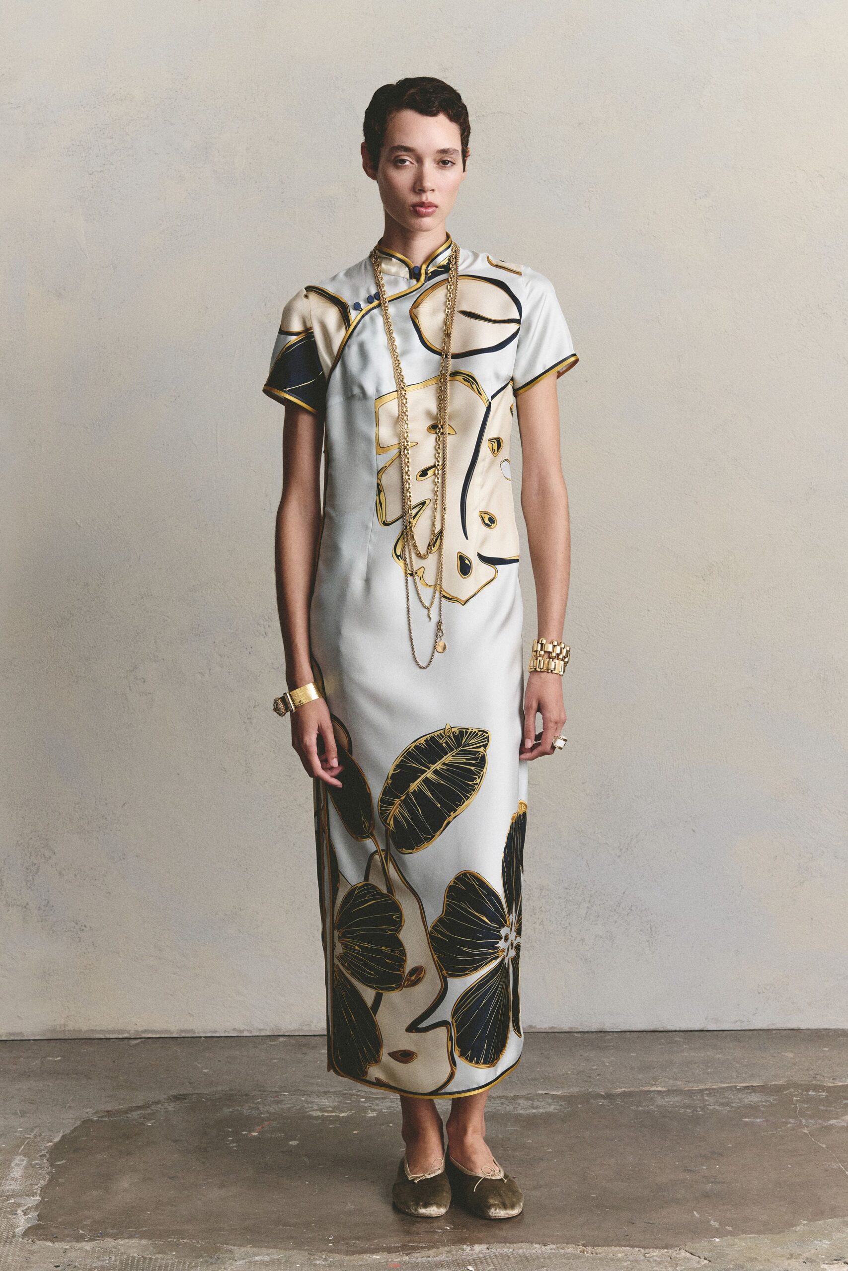 printed cheongsam-inspired satin maxi dress