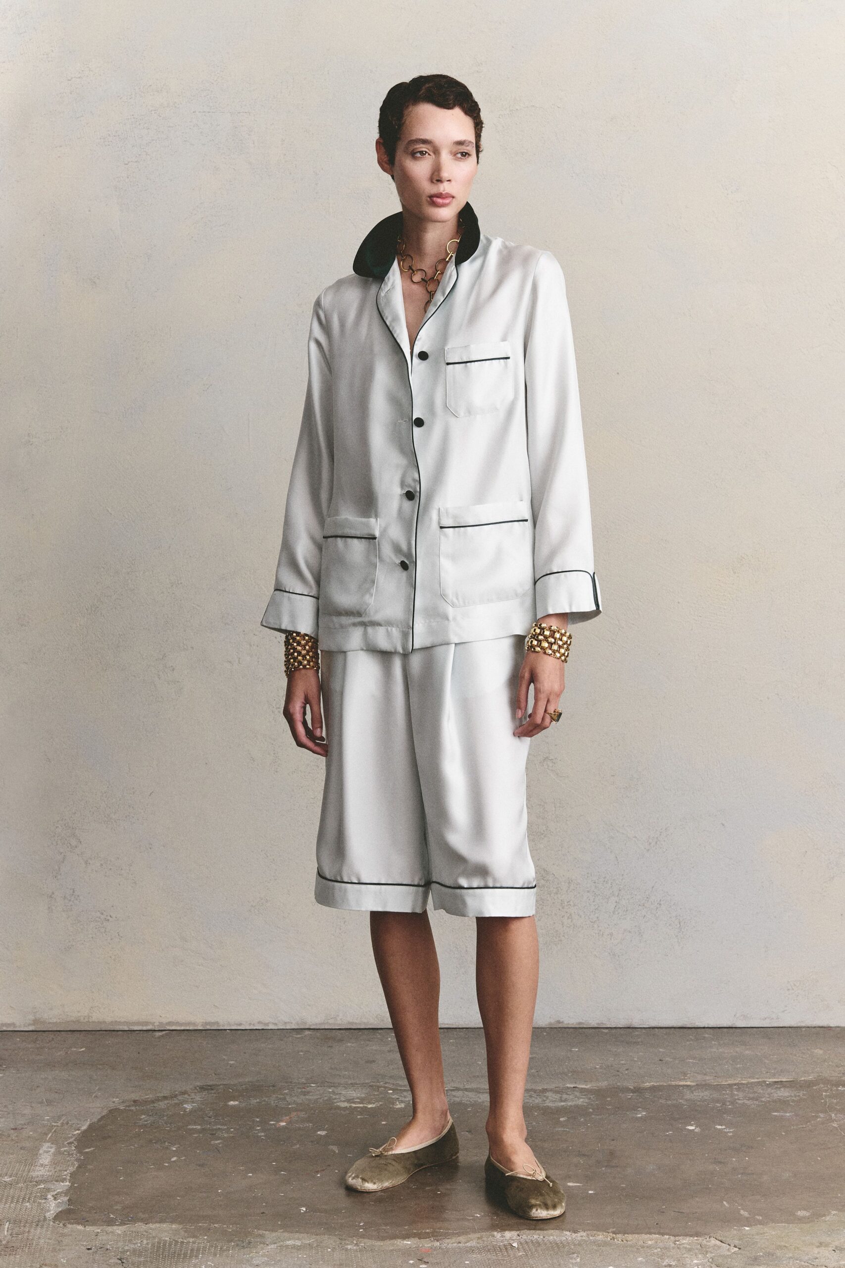 white satin pajama-style shirt