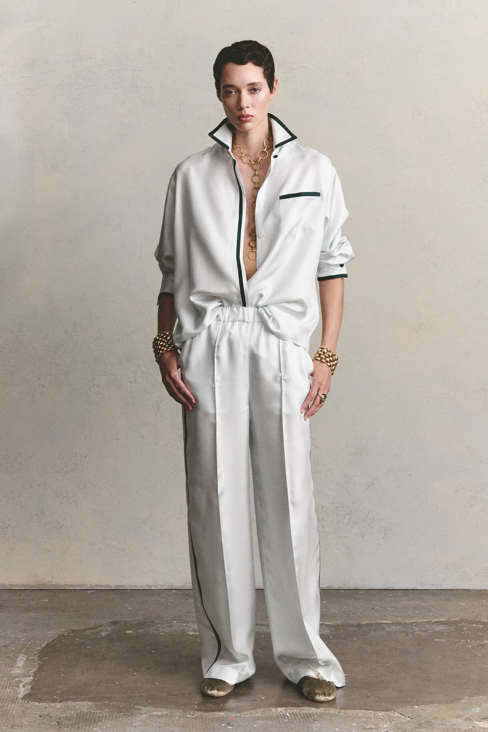 white satin pajama-style shirt