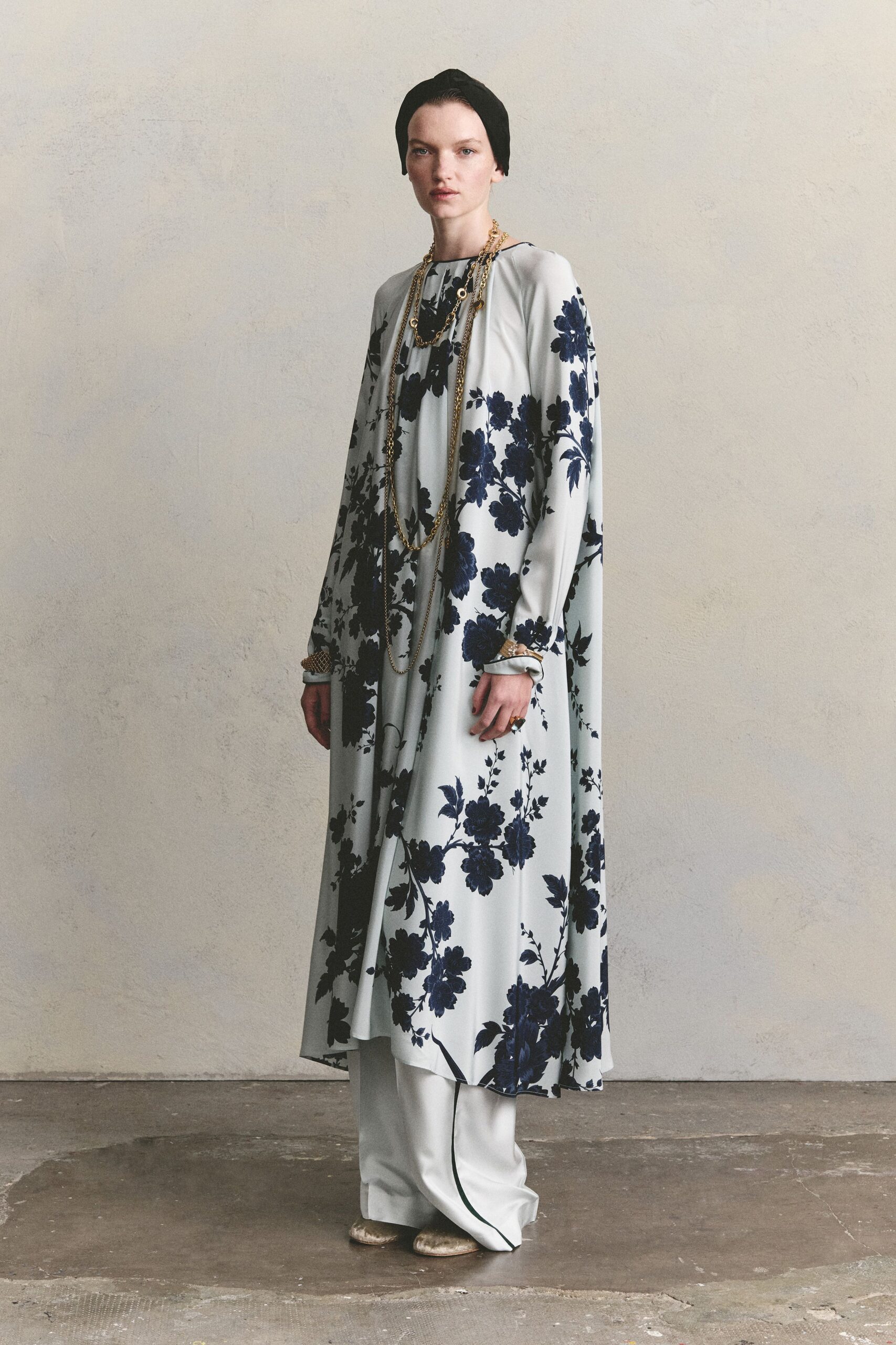 blue floral caftan-style maxi dress