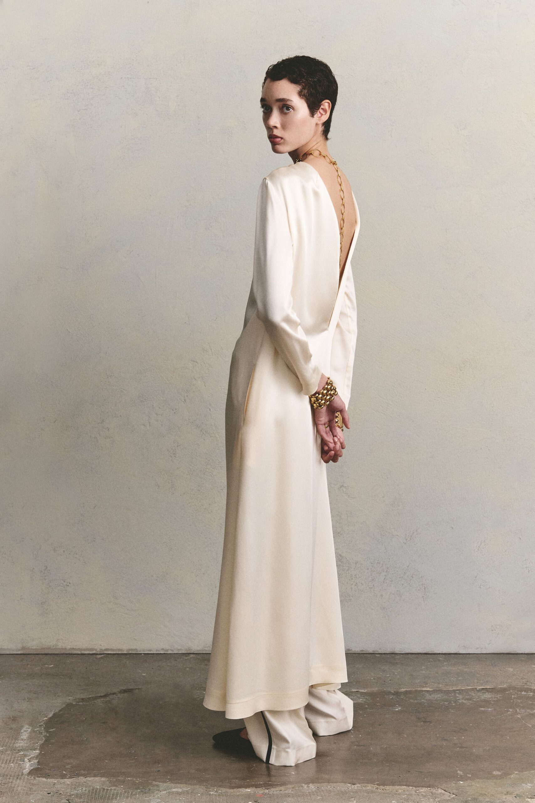 open-back ivory satin gown