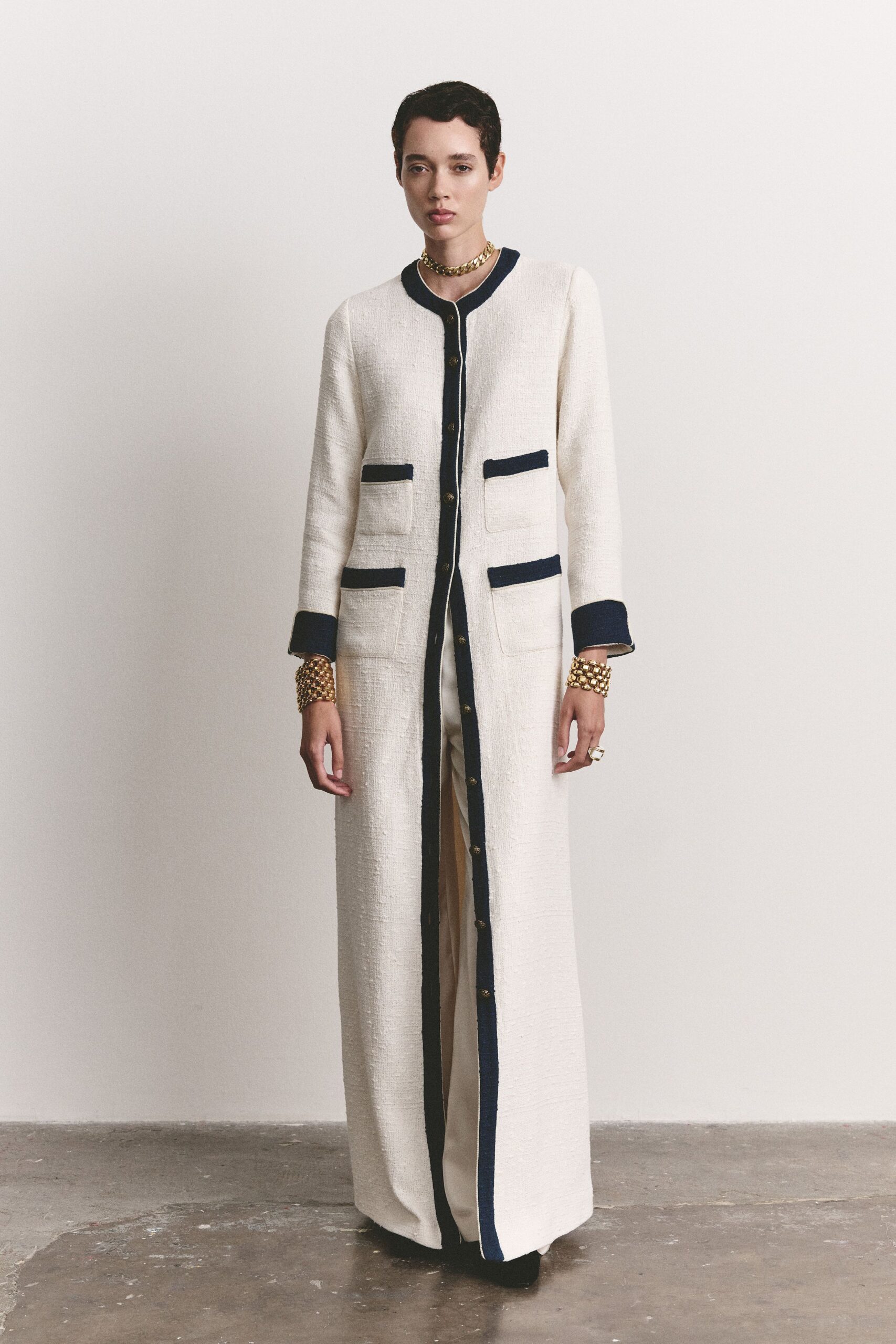 ivory tweed long-sleeve open-front tailored buttoned pockets coat