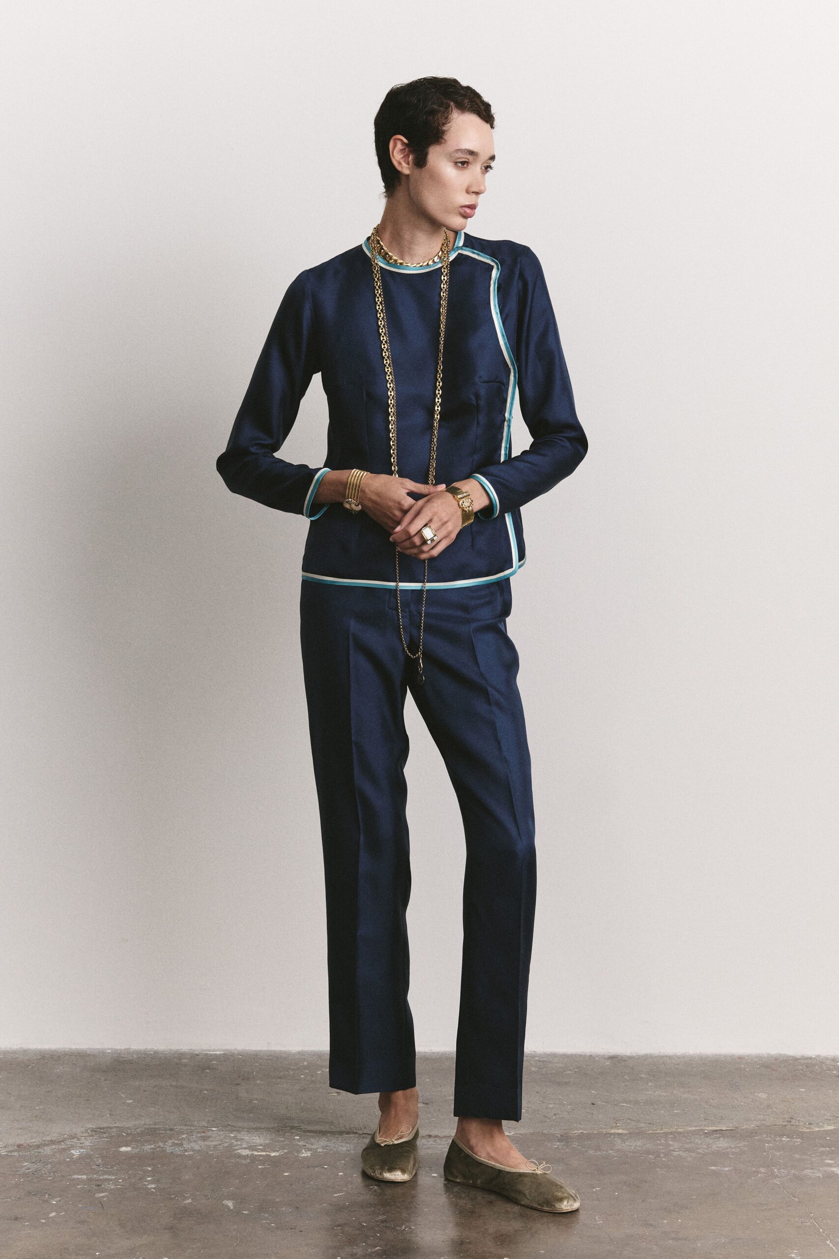 blue satin tailored straight-leg shiny pants