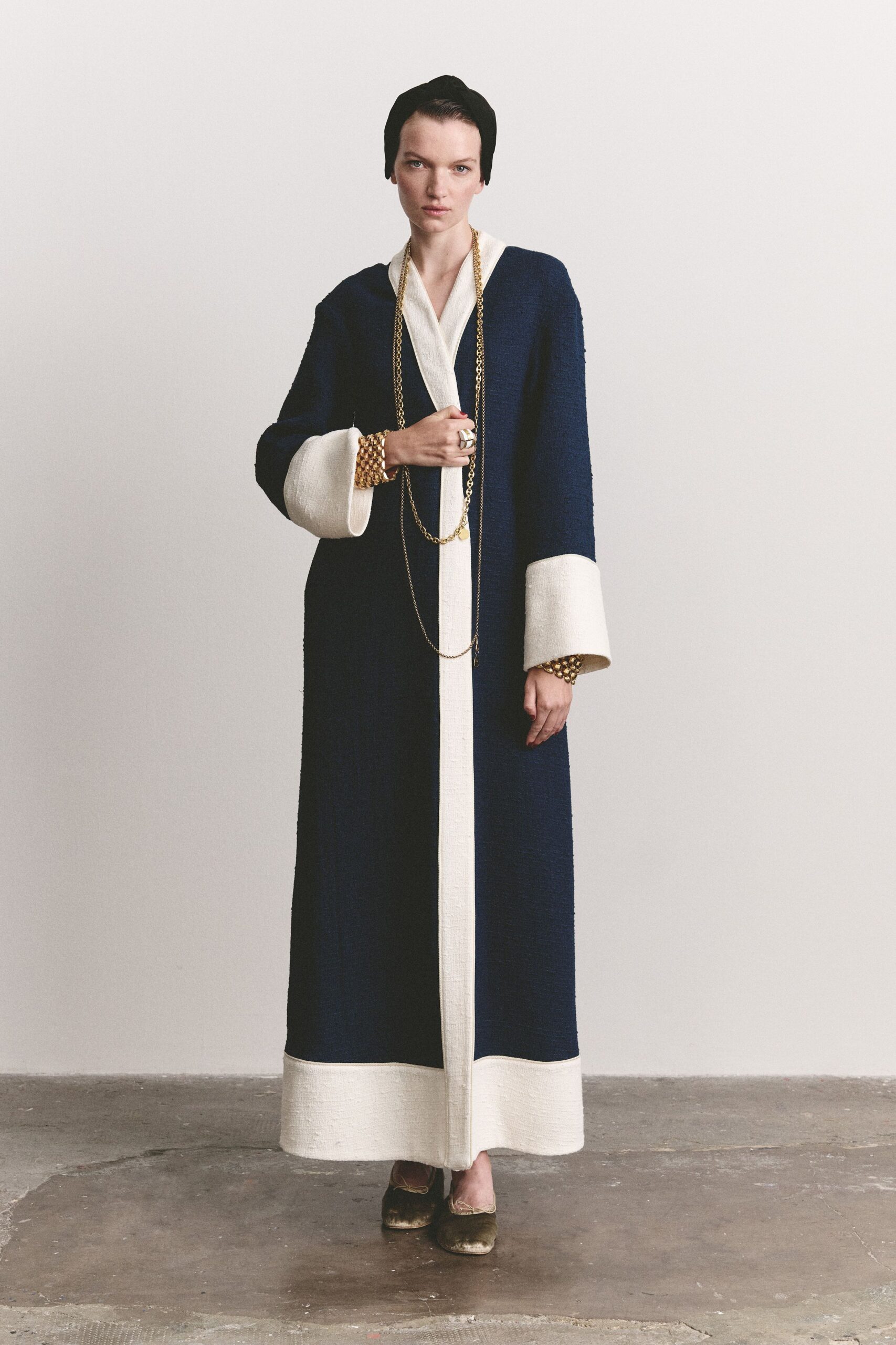 blue tweed long-sleeve open-front longline color-blocked textured coat