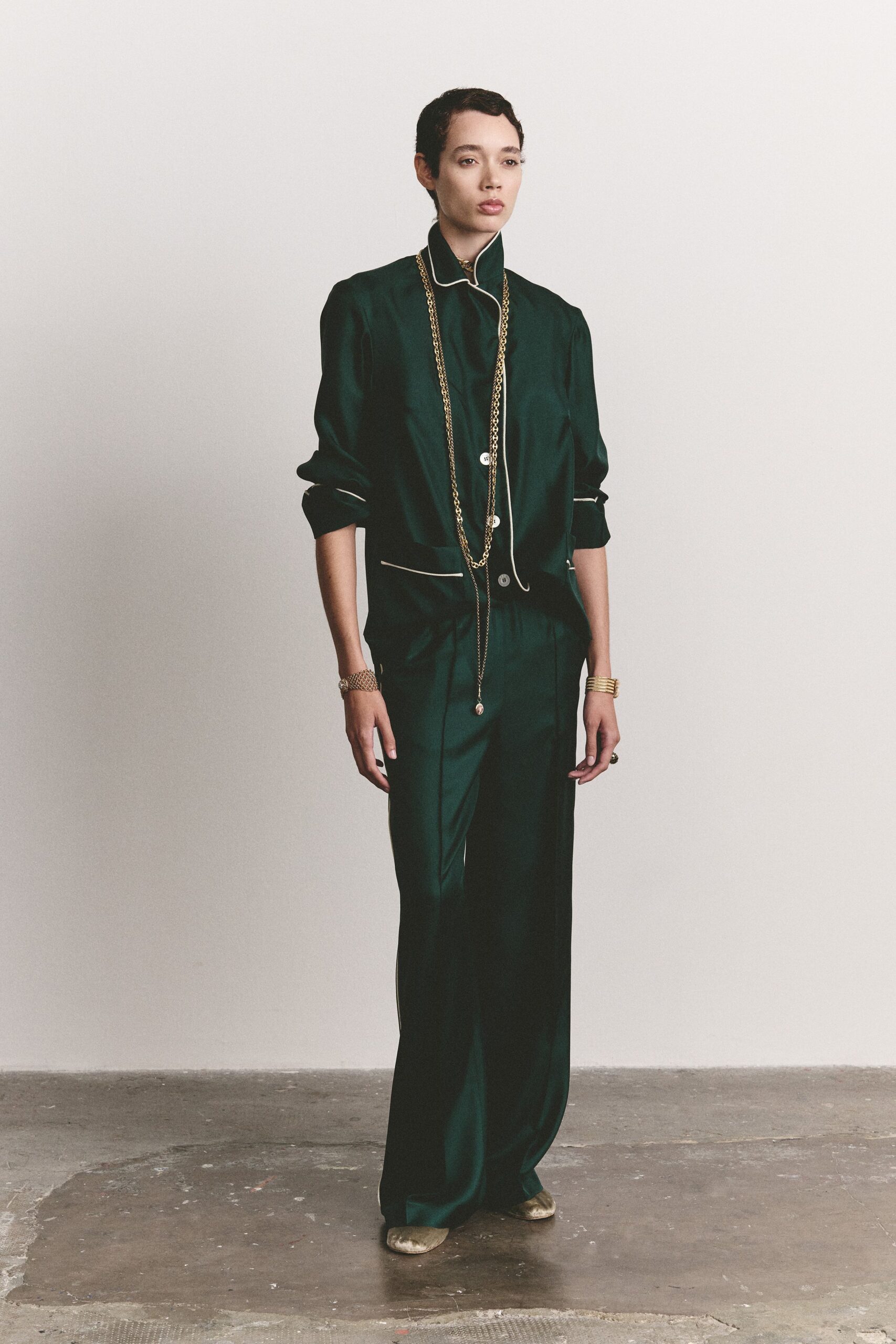 contrast-piped satin pajama jacket