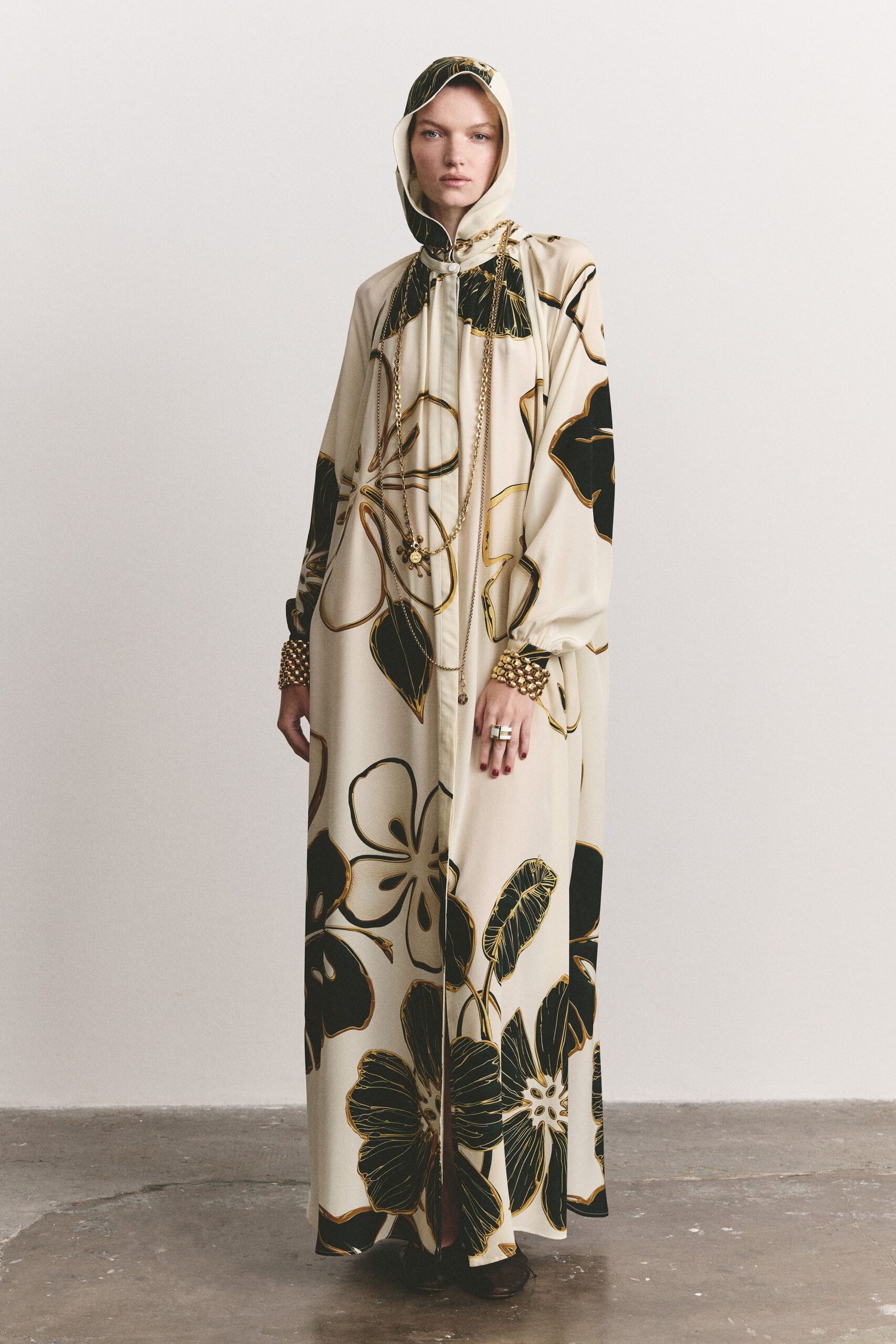 hooded floral silk caftan dress