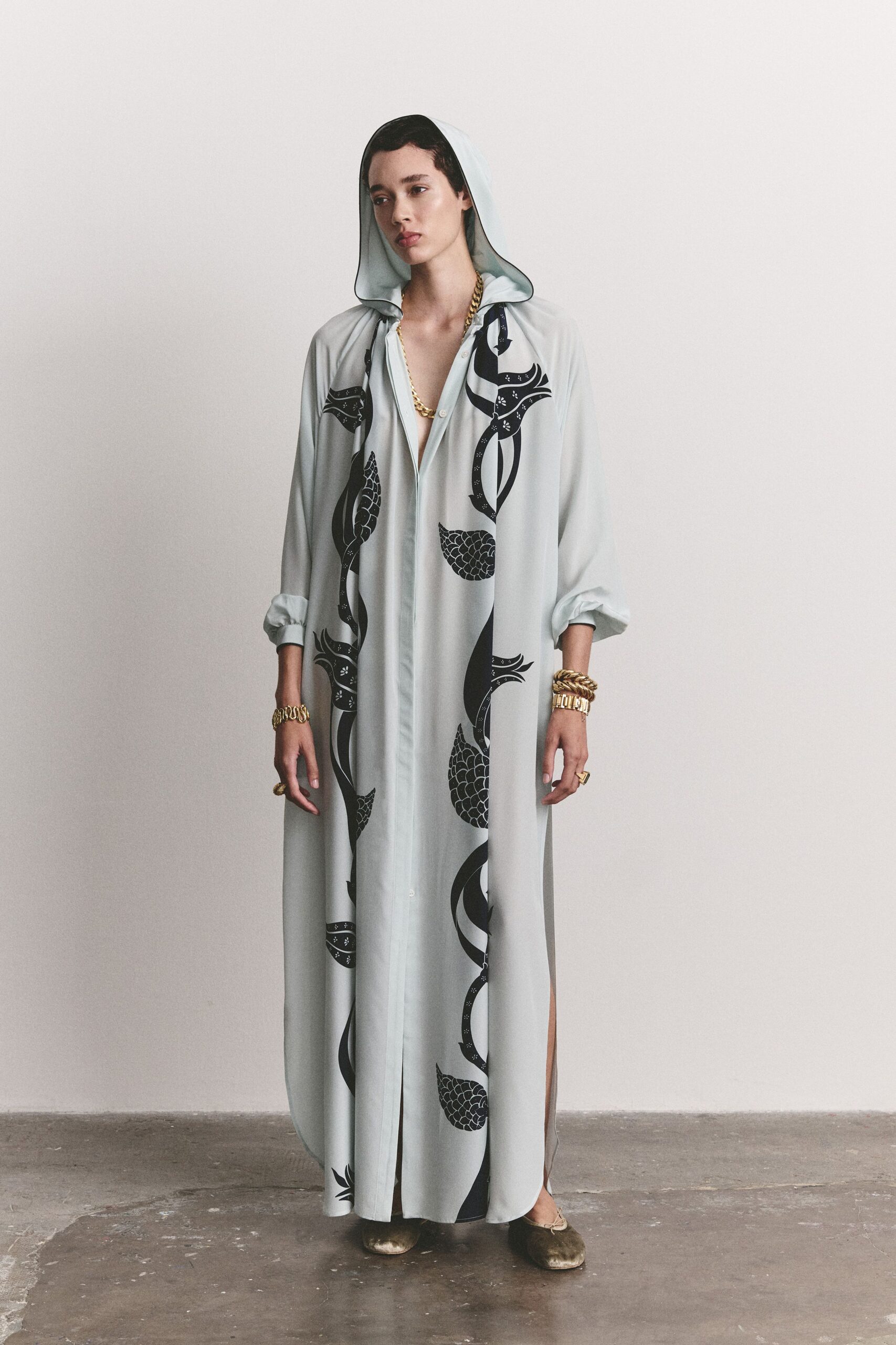 hooded printed caftan shirt dress