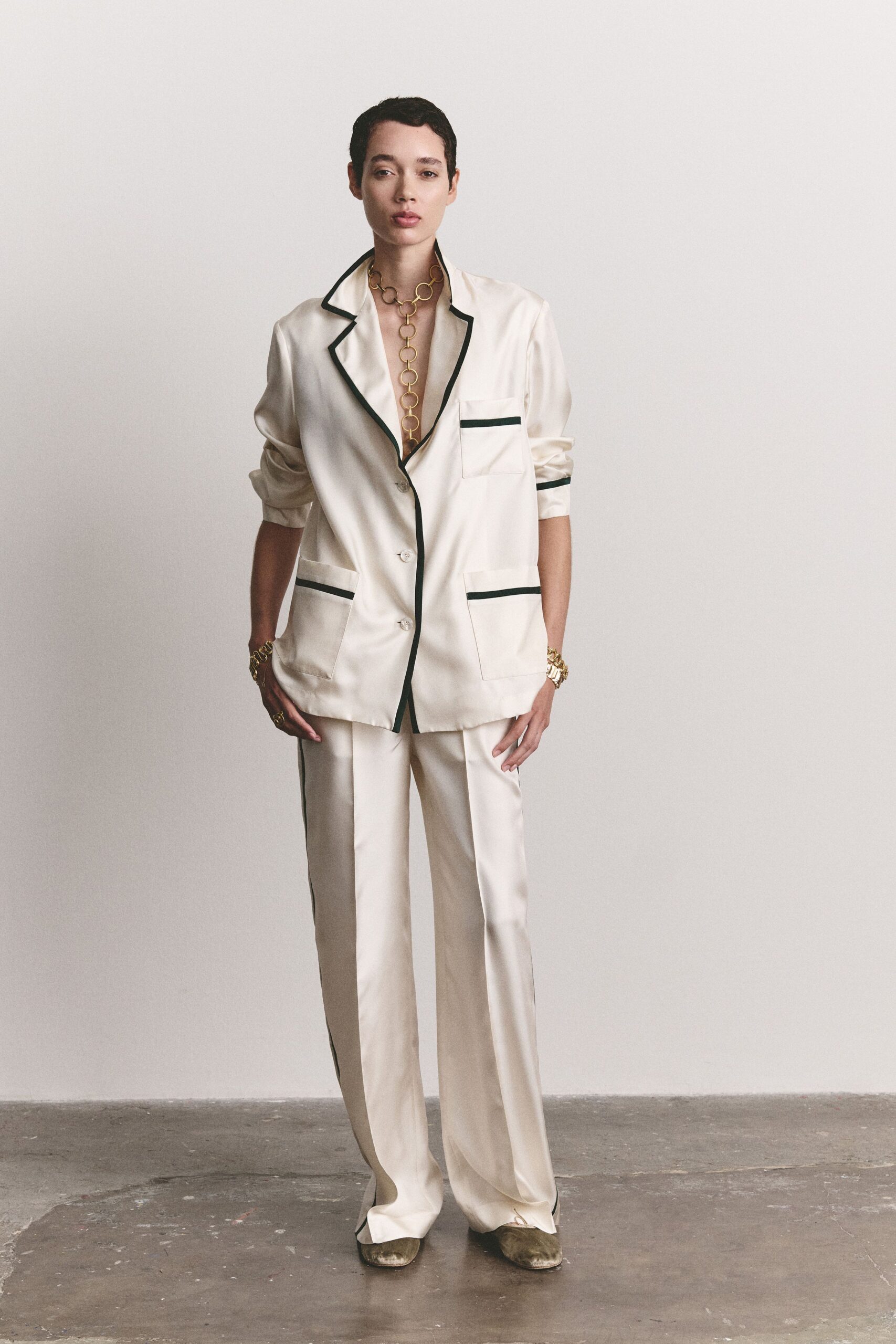 ivory satin long-sleeve collared relaxed buttoned pockets blazer