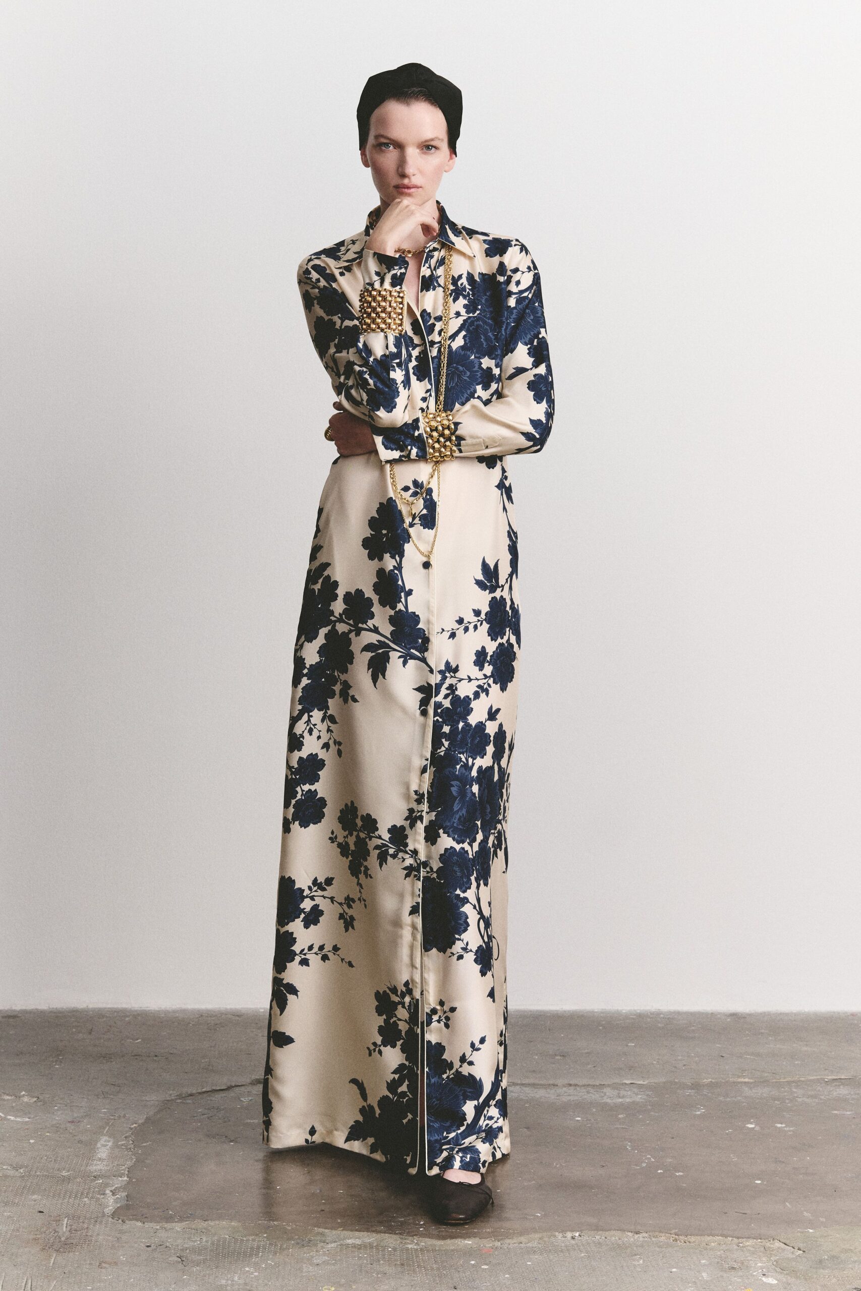 blue floral satin shirt dress