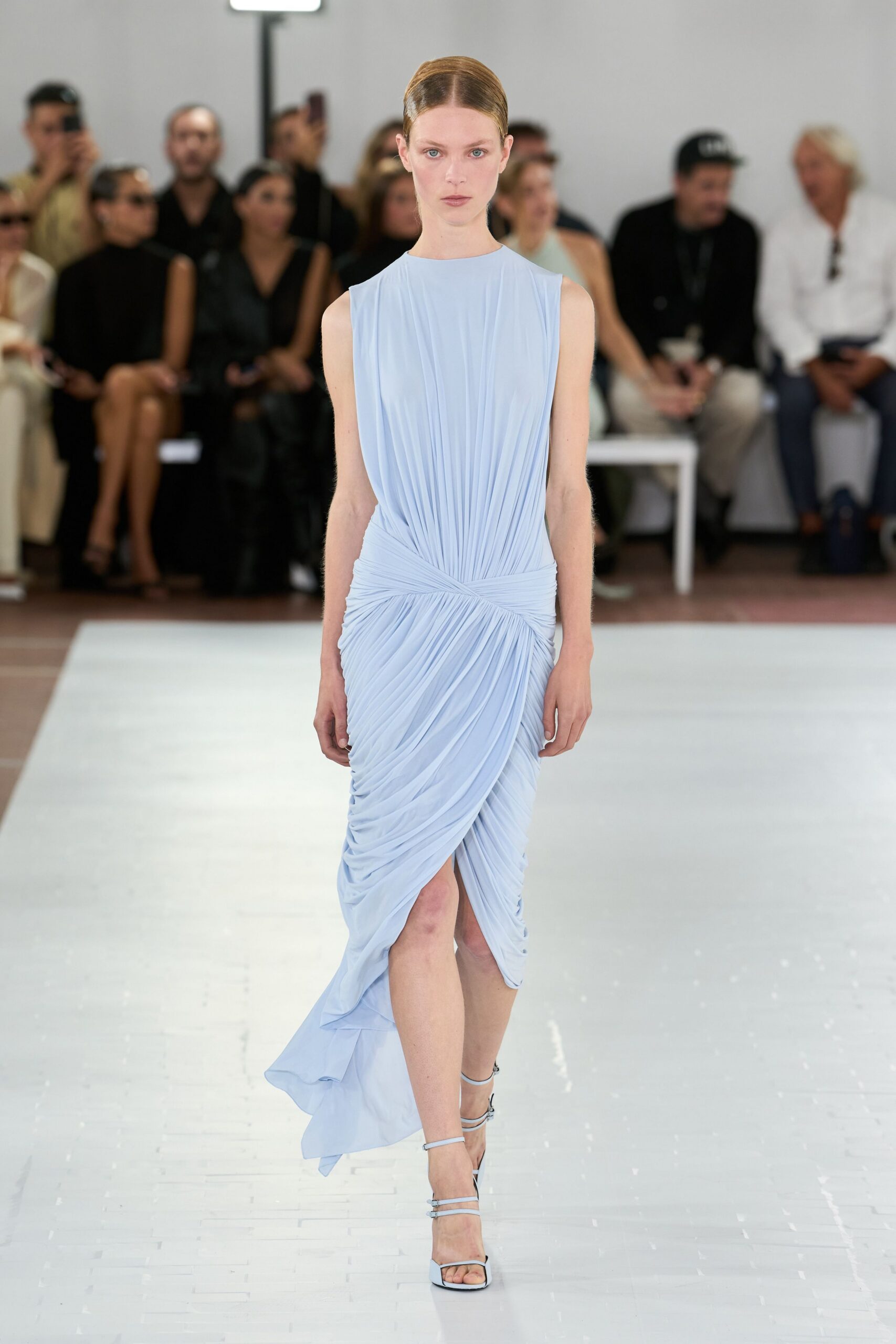 blue chiffon sleeveless high-neck pleated draped flowing dress