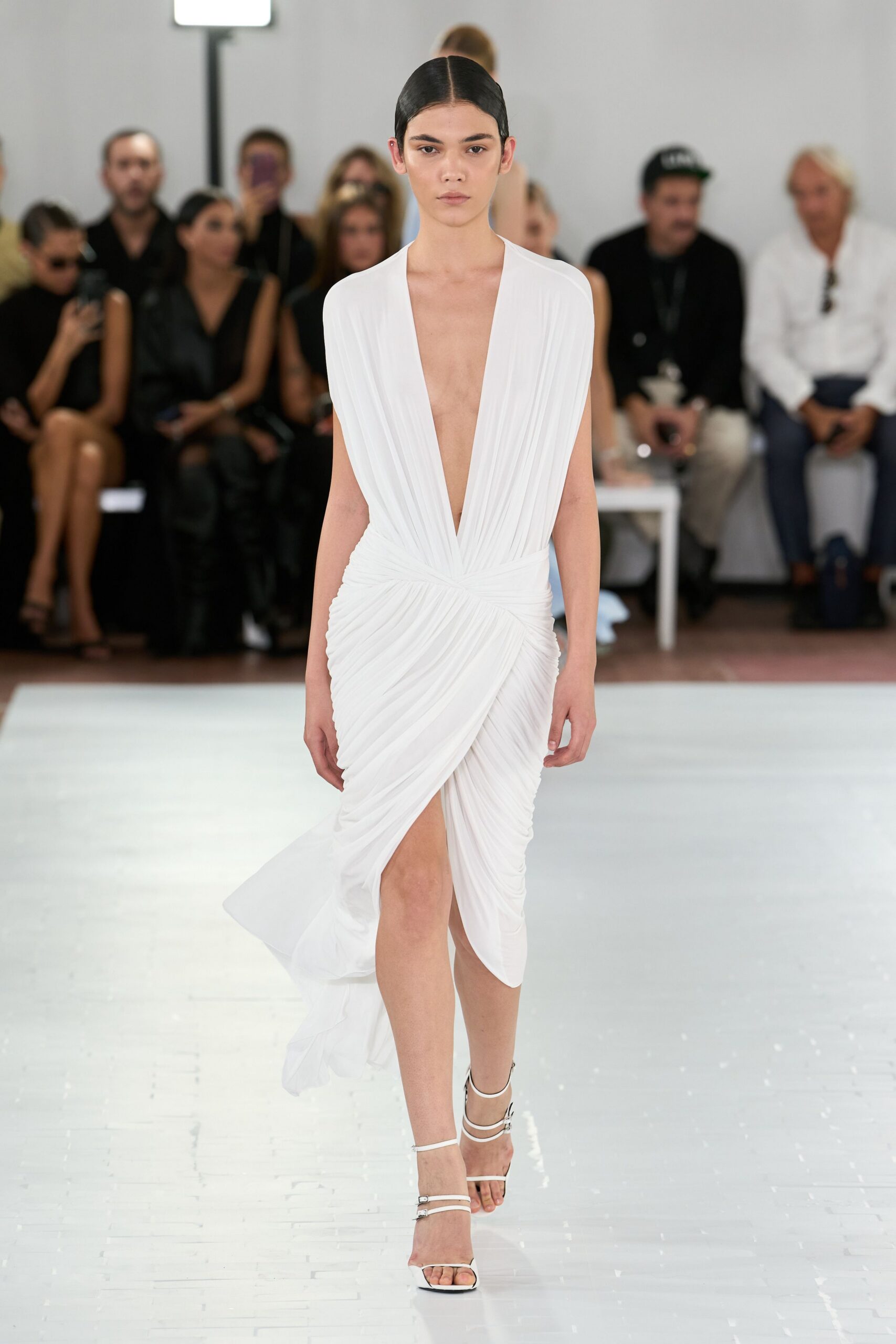 plunging pleated white chiffon dress