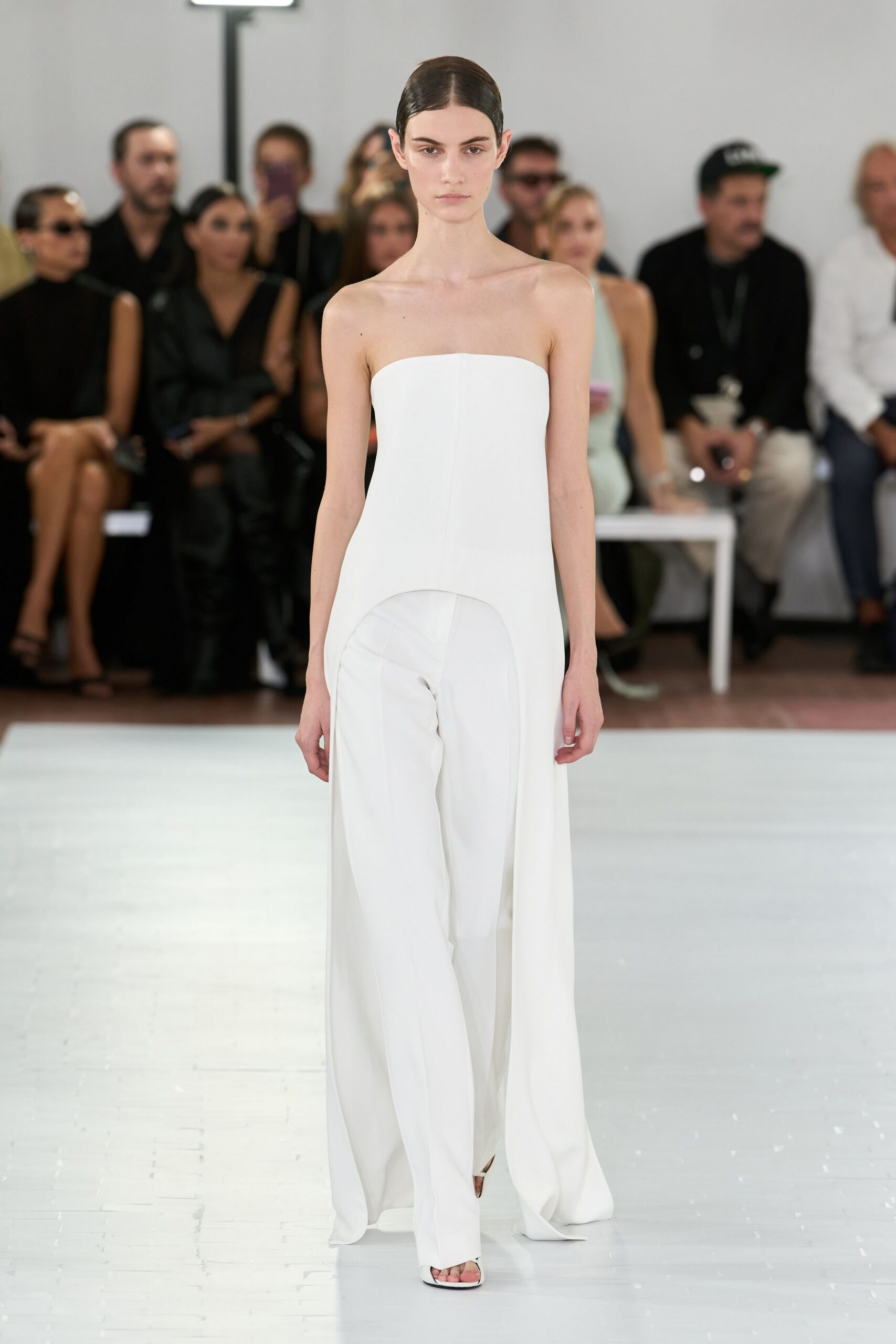 strapless white wide-leg jumpsuit