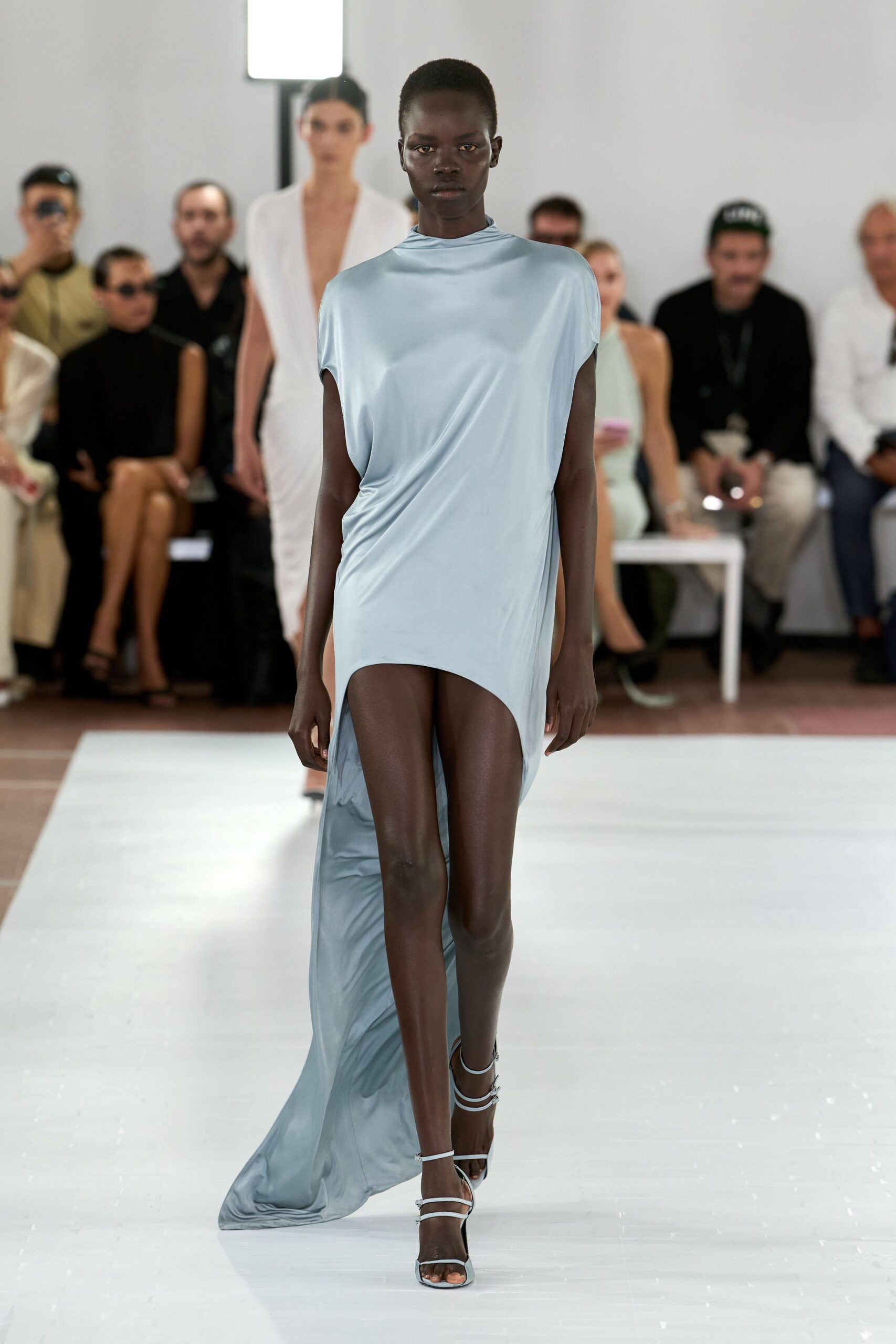 asymmetric draped high-neck gown