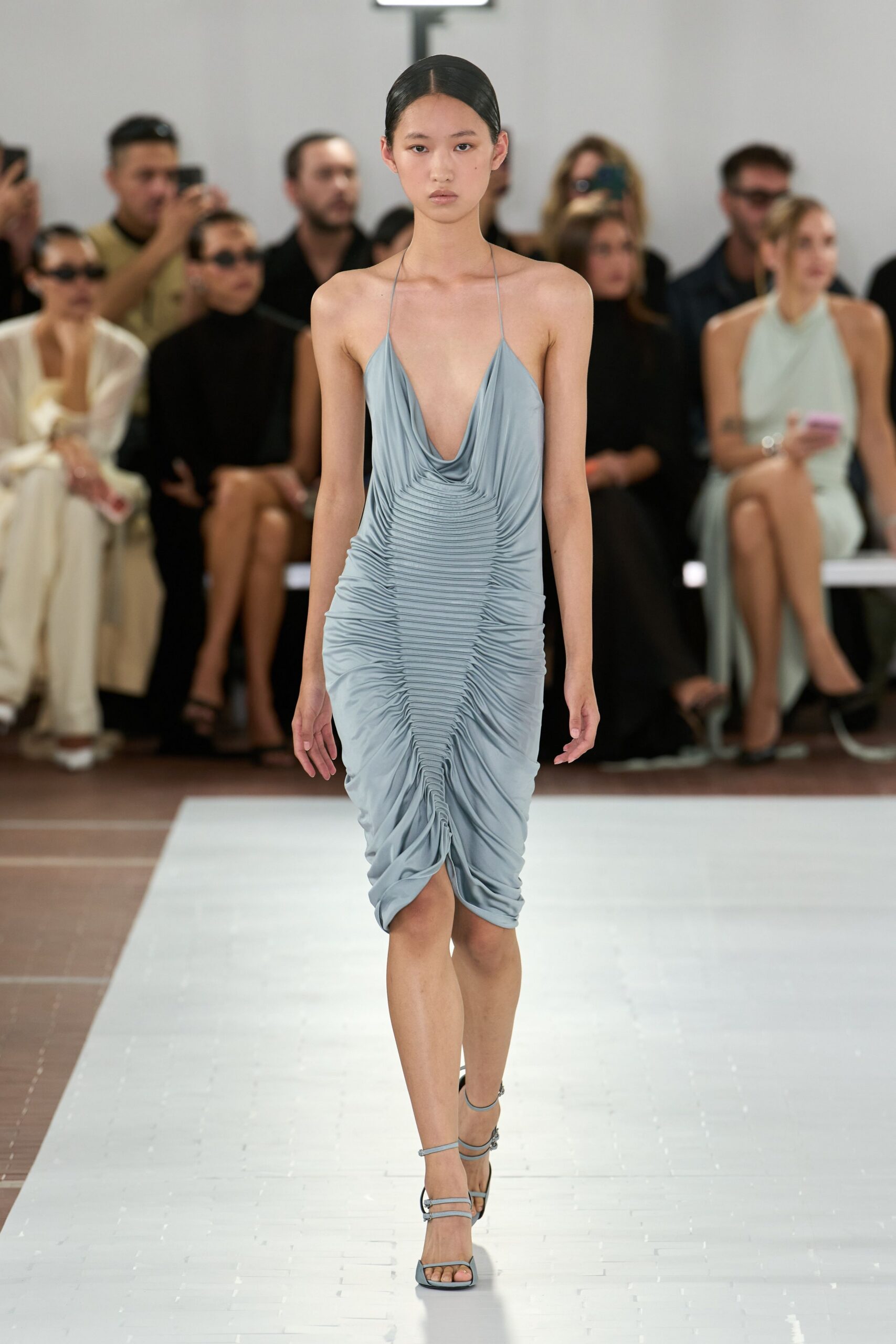 ruched plunge halter midi dress