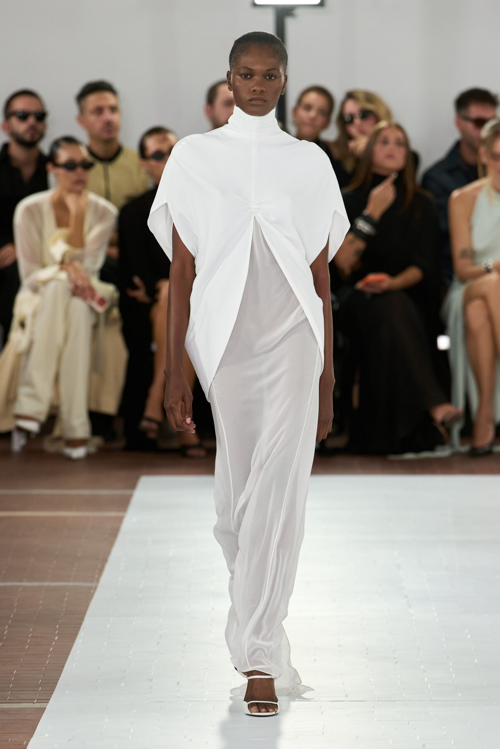 white draped high-neck chiffon gown