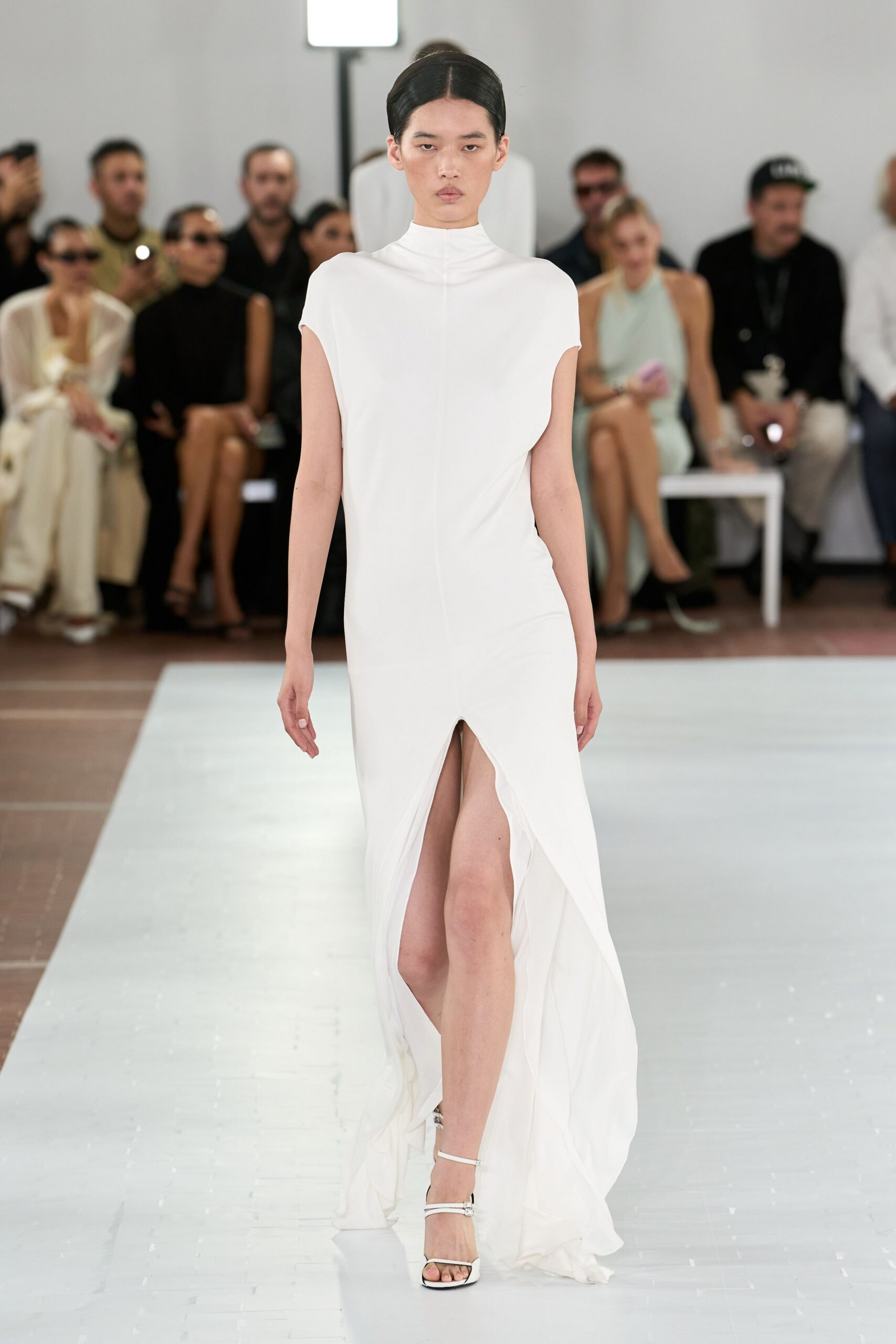 high-neck draped white gown