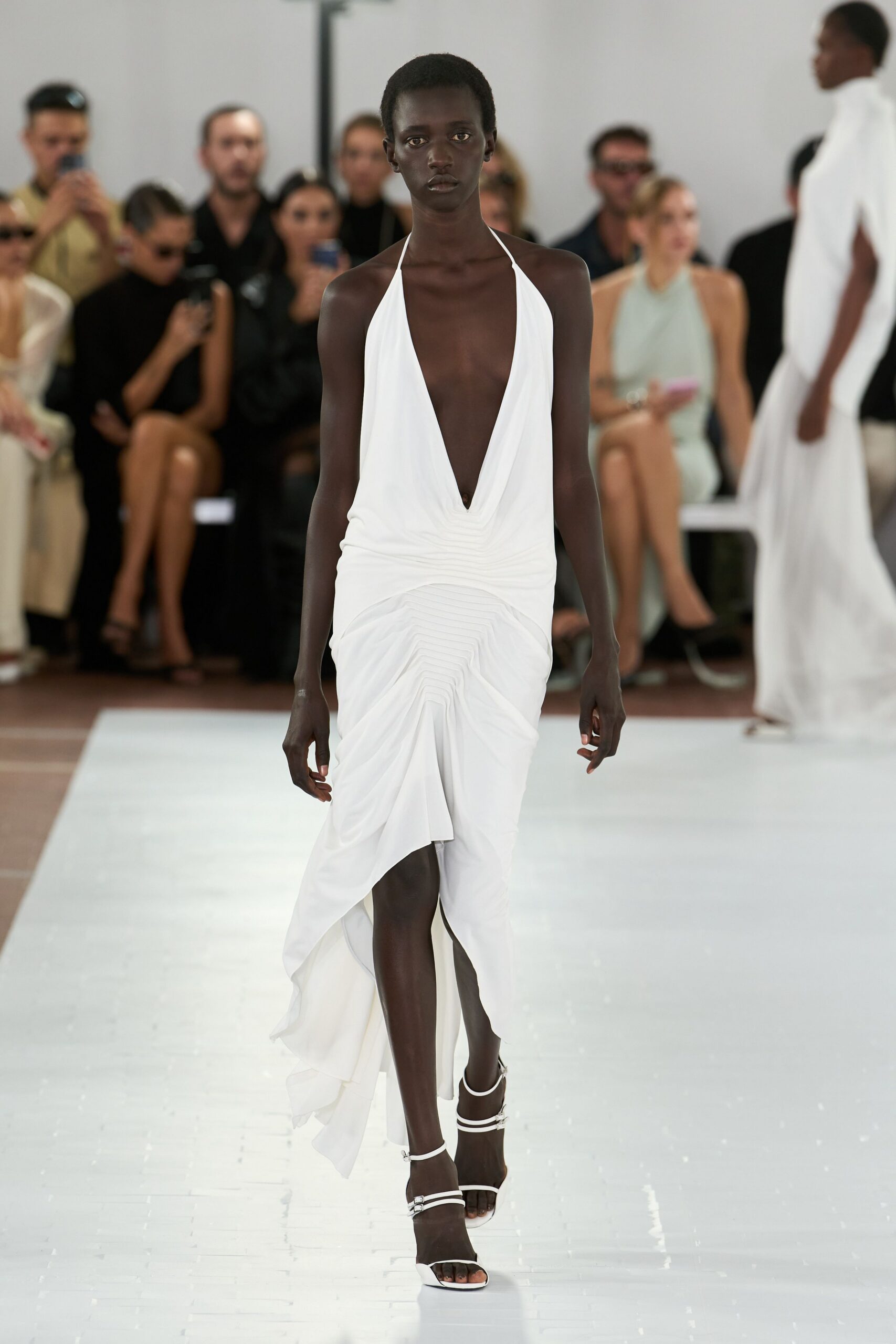 plunging draped halter evening gown