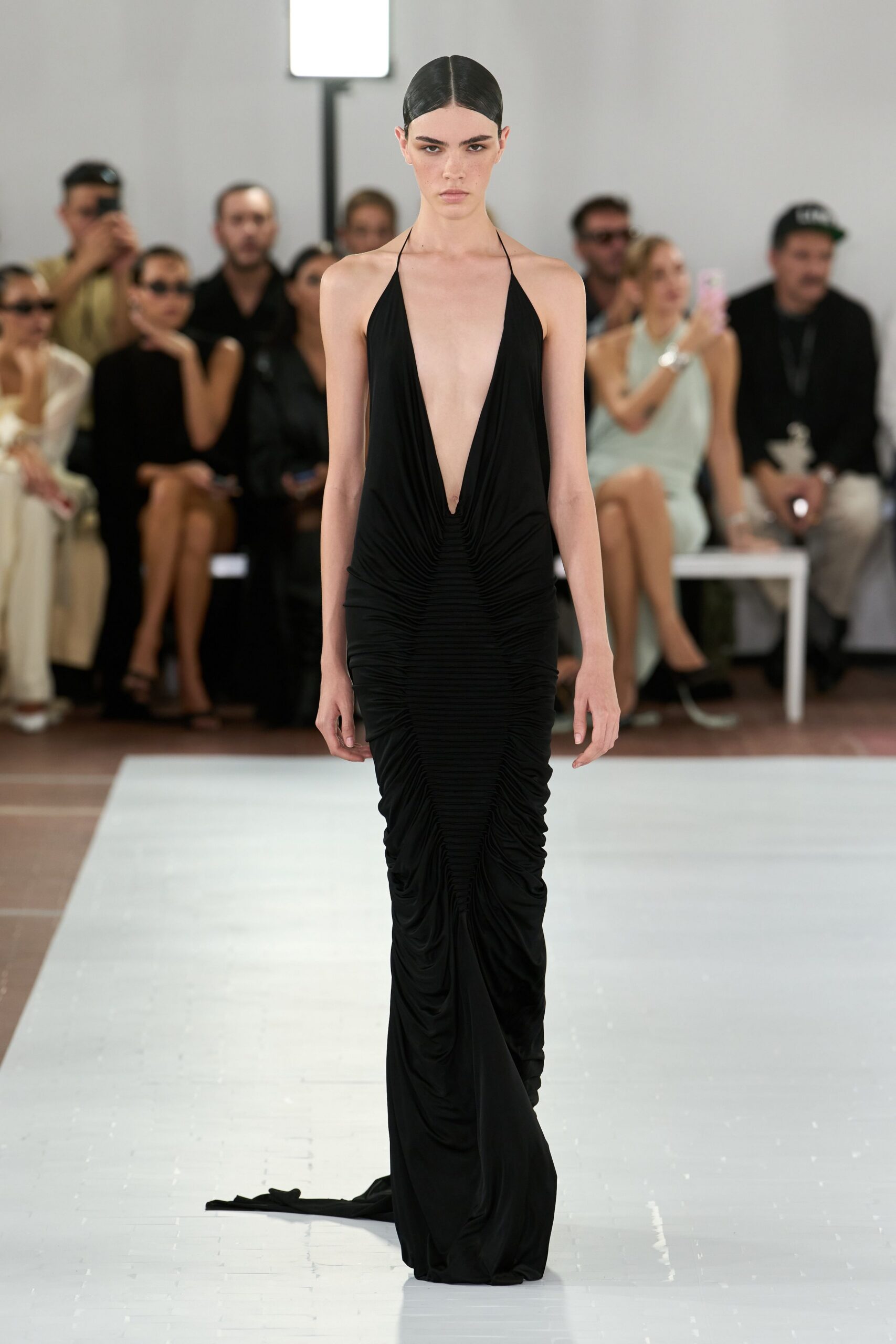plunging ruched black halter gown