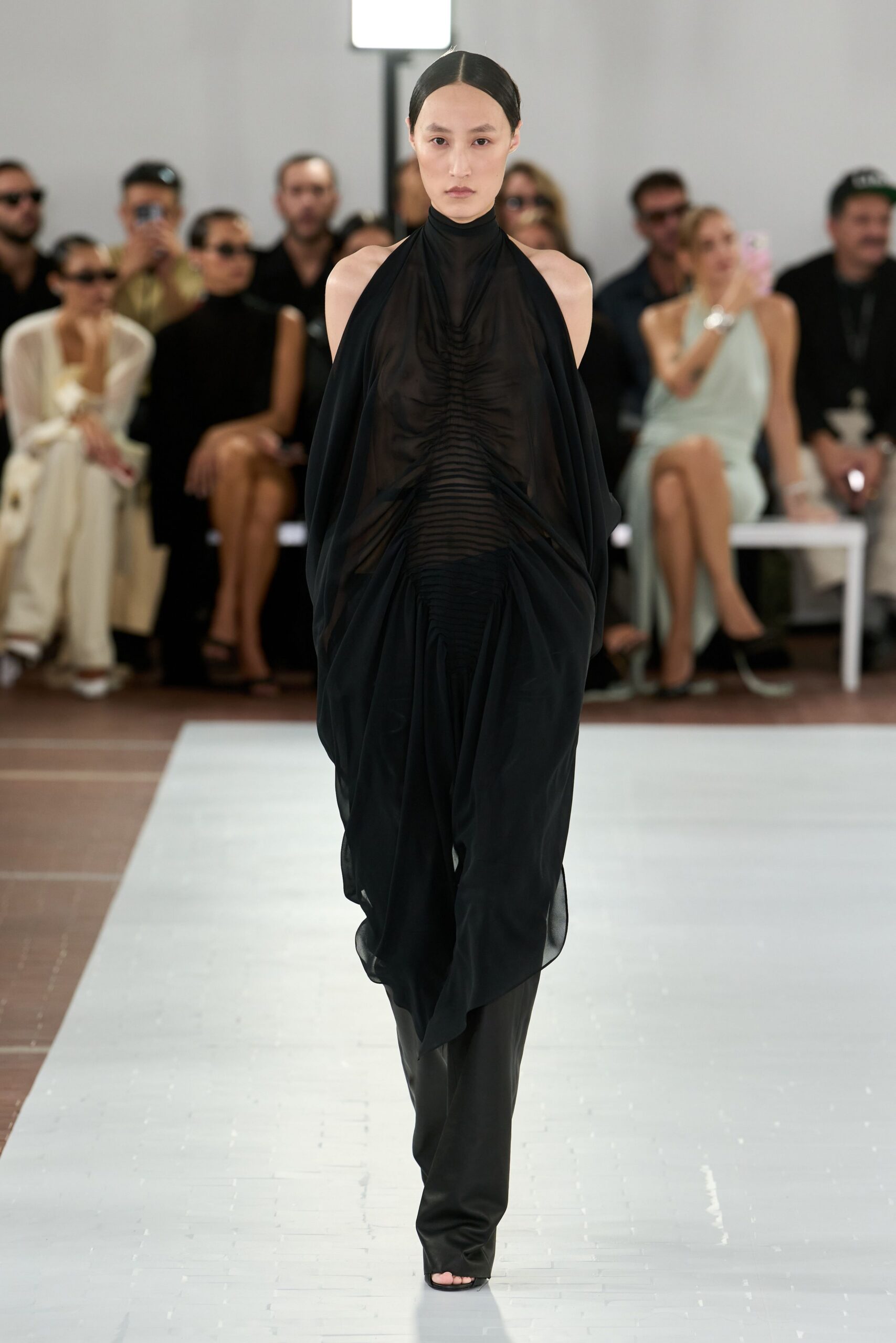 sheer ruched halter gown