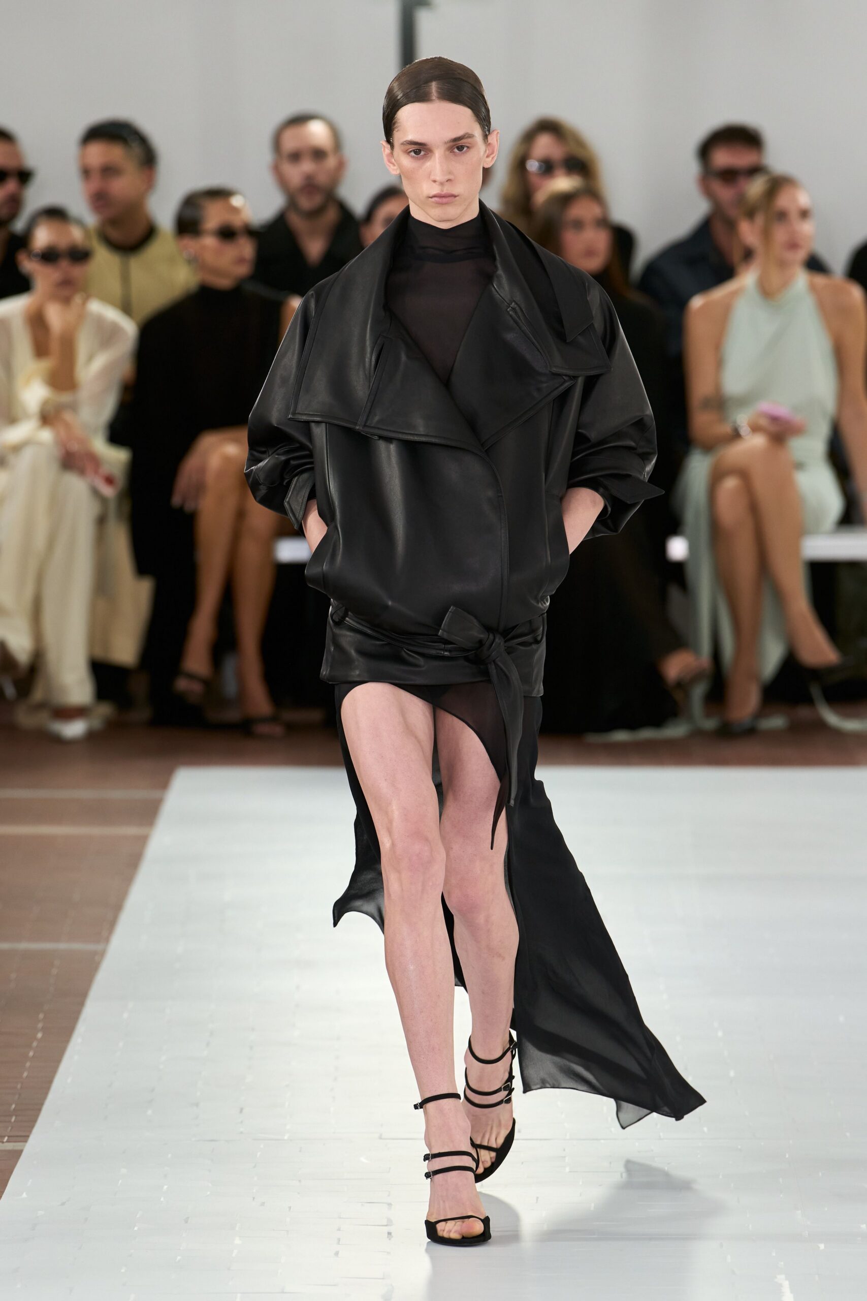 black leather draped shawl-collar jacket