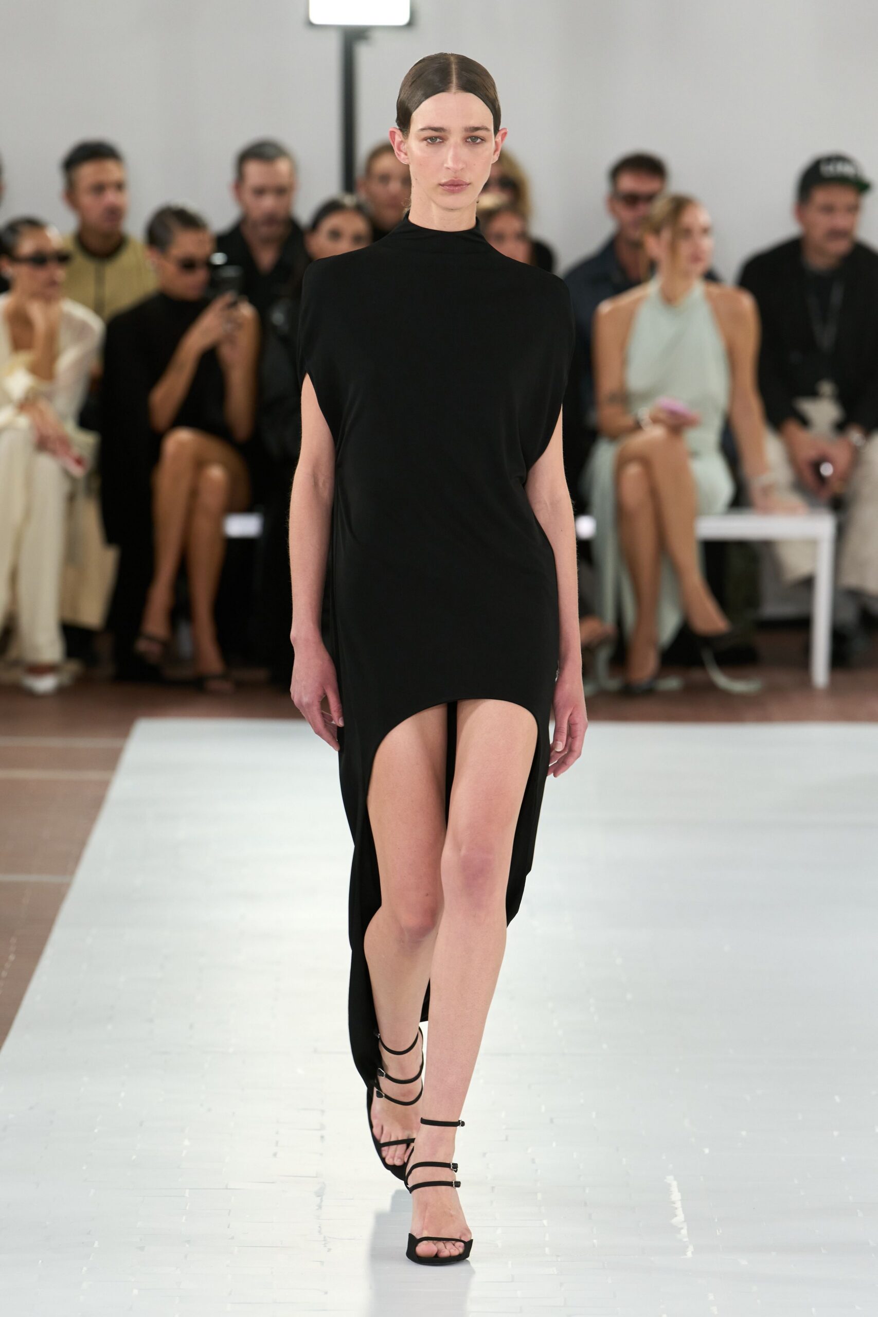 asymmetric draped black evening dress