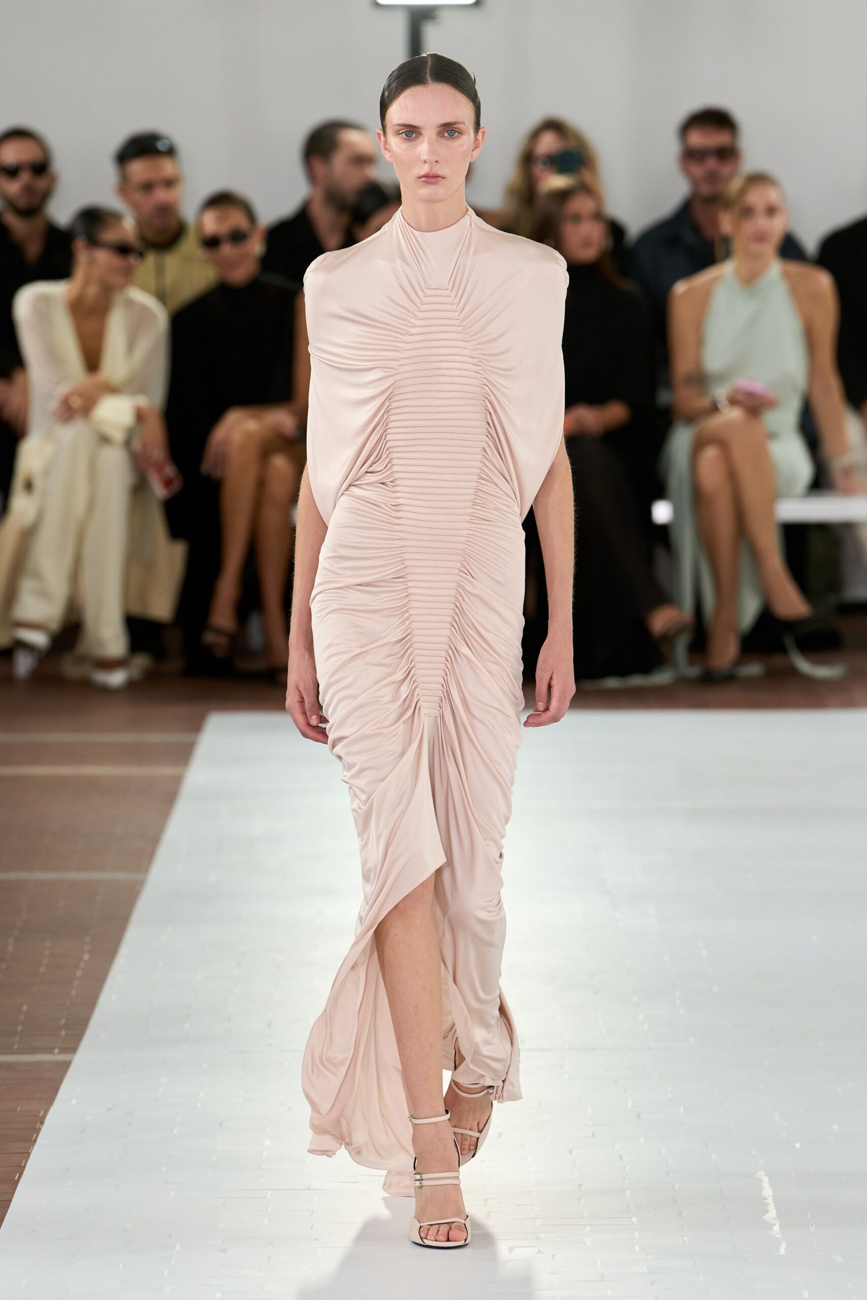 ruched high-neck evening gown